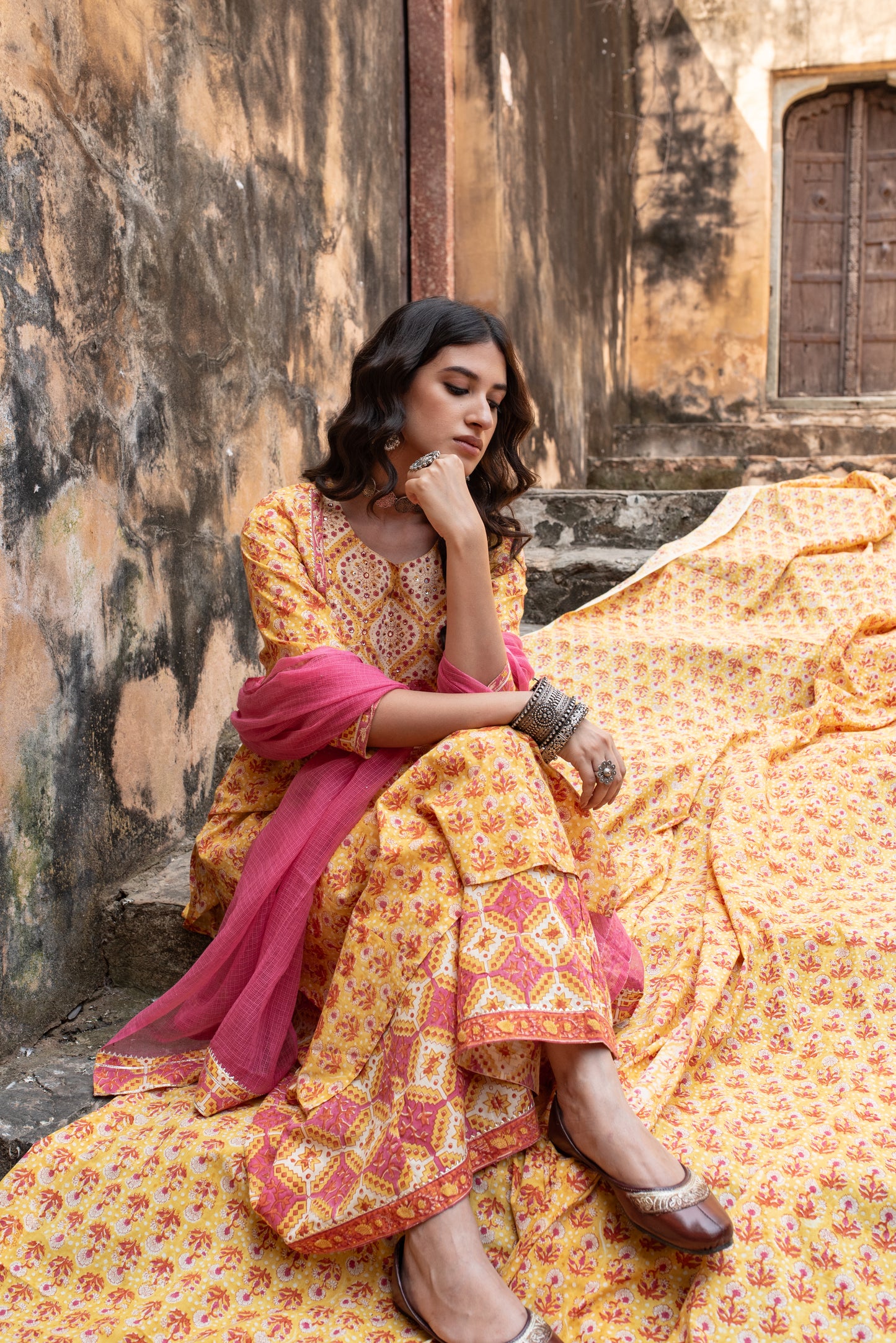 Yellow Cotton Printed Complete Suit Set For Women's