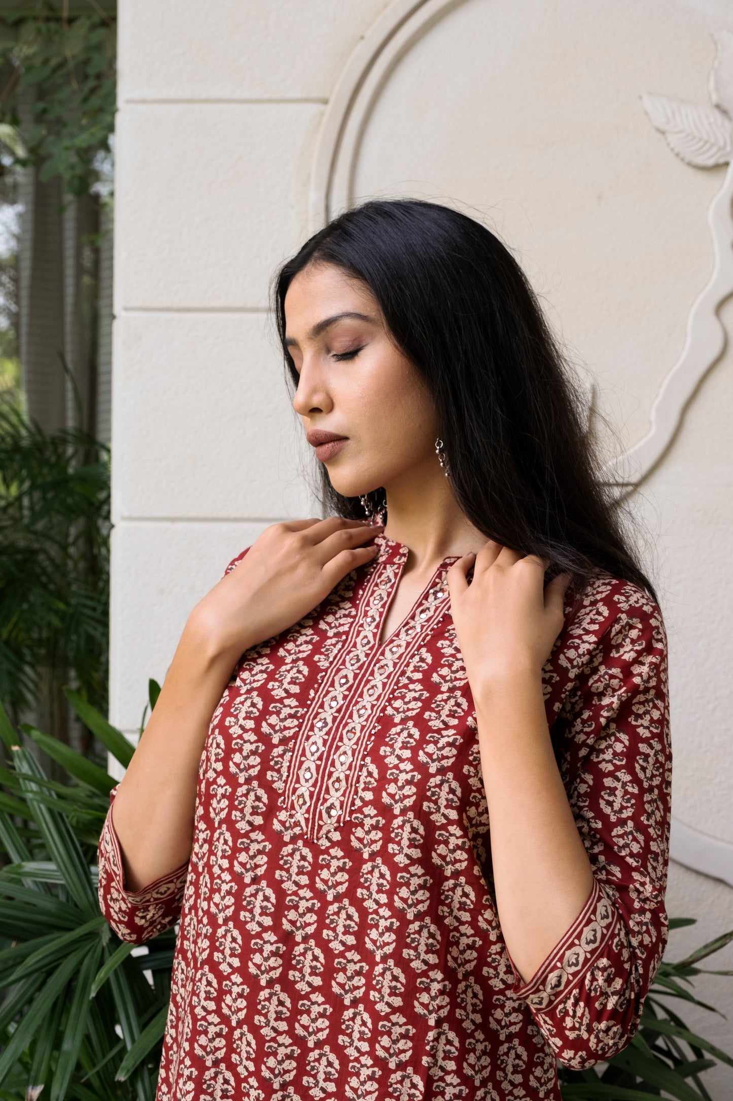 Maroon Cotton Collar Neck Booti Print Co-Ord Set For Women's