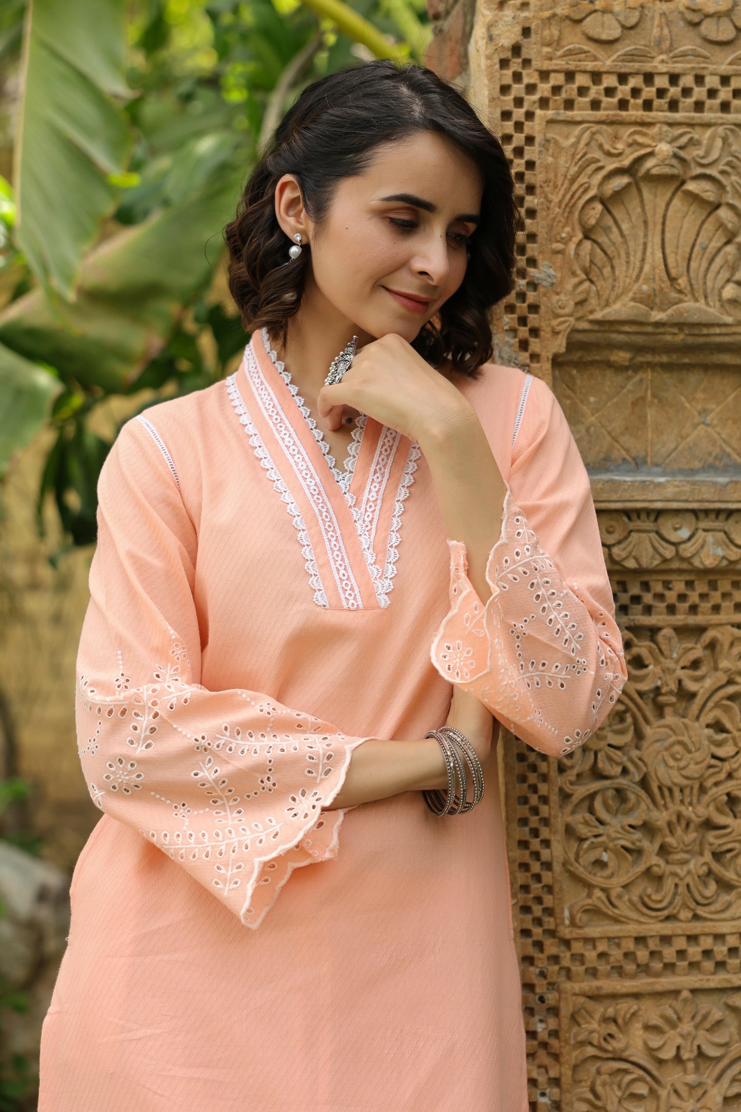 Atisha Peach round with v neck Kurta and Palazzo Set