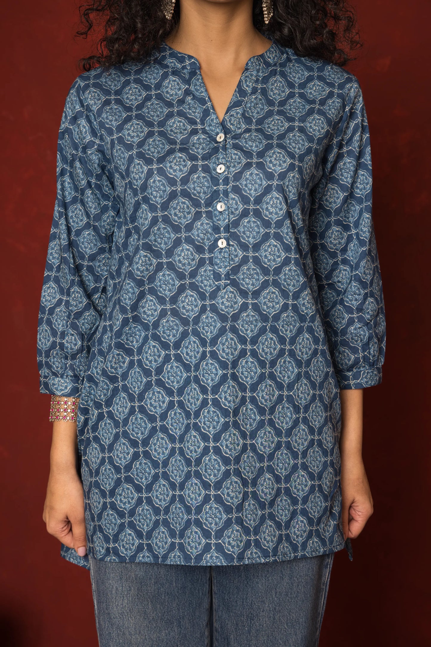 Indigo Cotton Collar Short Top For Women's