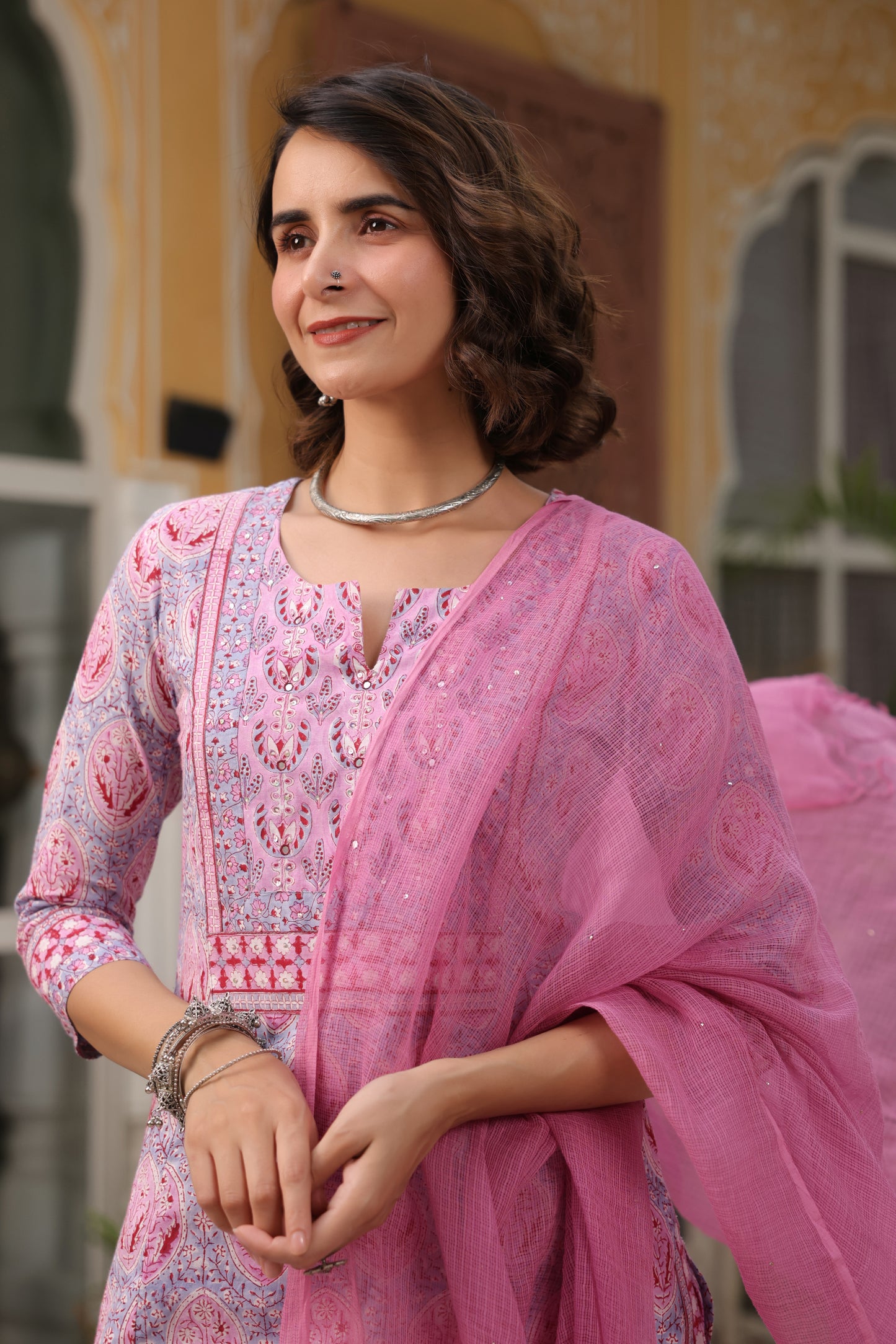 Onion Pink Cotton Handblock Printed Straight Kurta For Women's