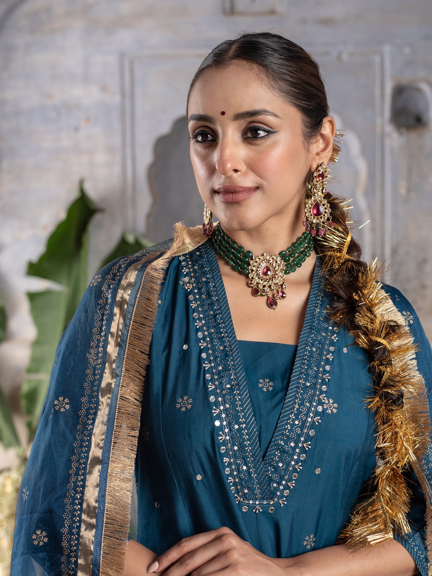 BLUE CHANDERI V NECK ALL OVER WITH LACE AD KHADI WORK DUPATTA FULL SET