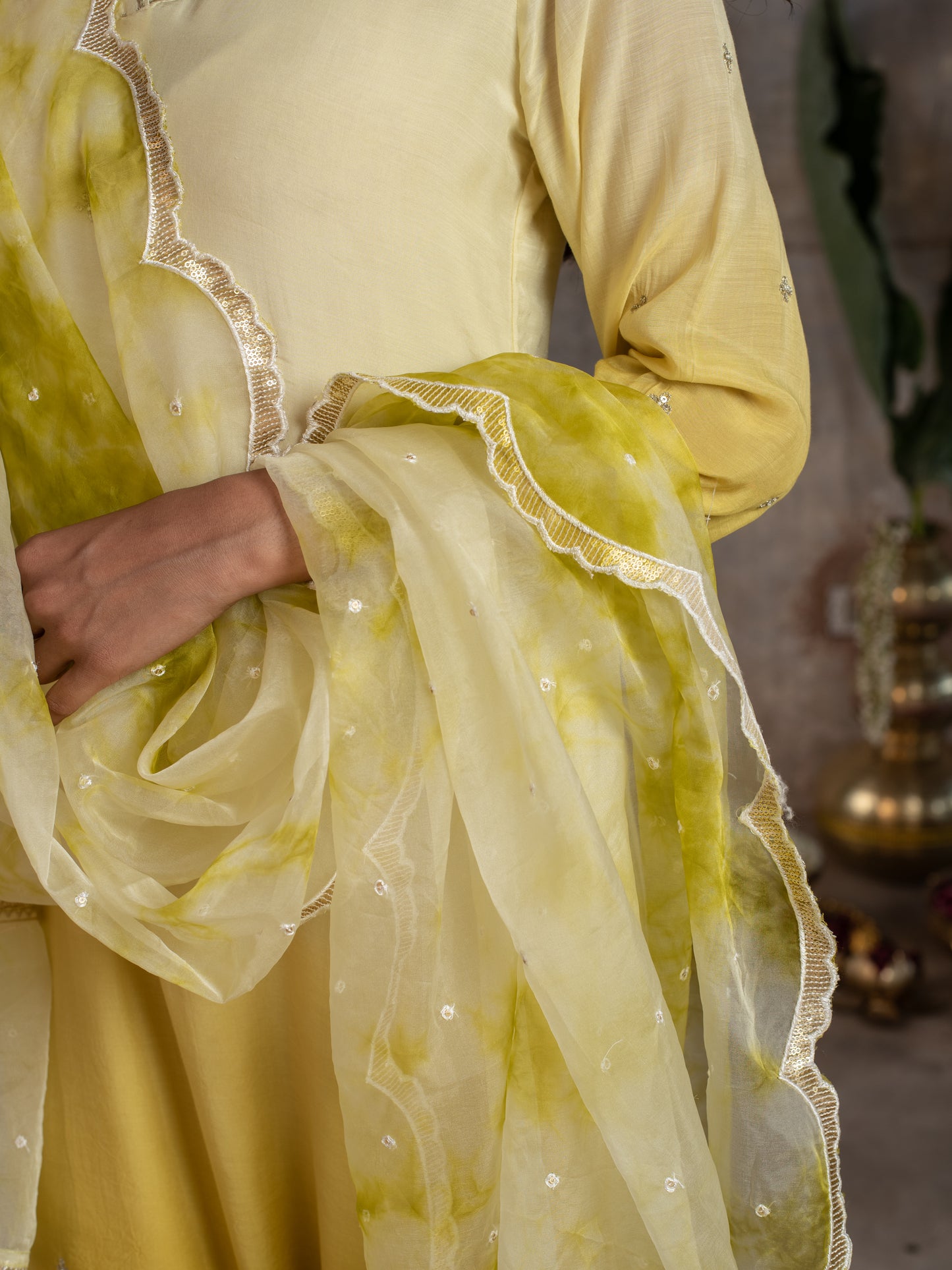 Shaded Yellow Ombre Dying Silk Complete Suit Set For Women's