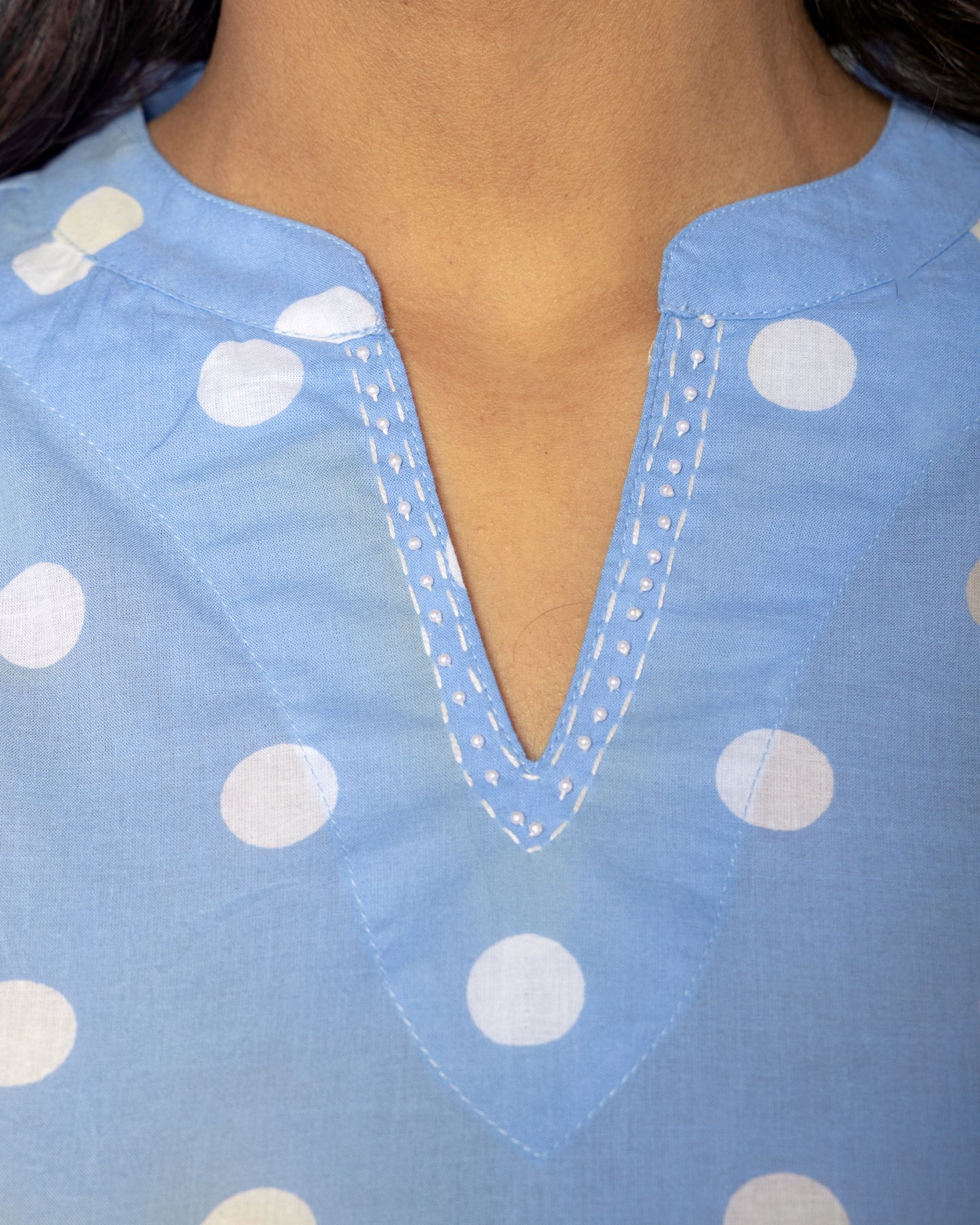 BLUE COTTON COLLAR NECK WITH POLKA PRINT KURTA PANT SET