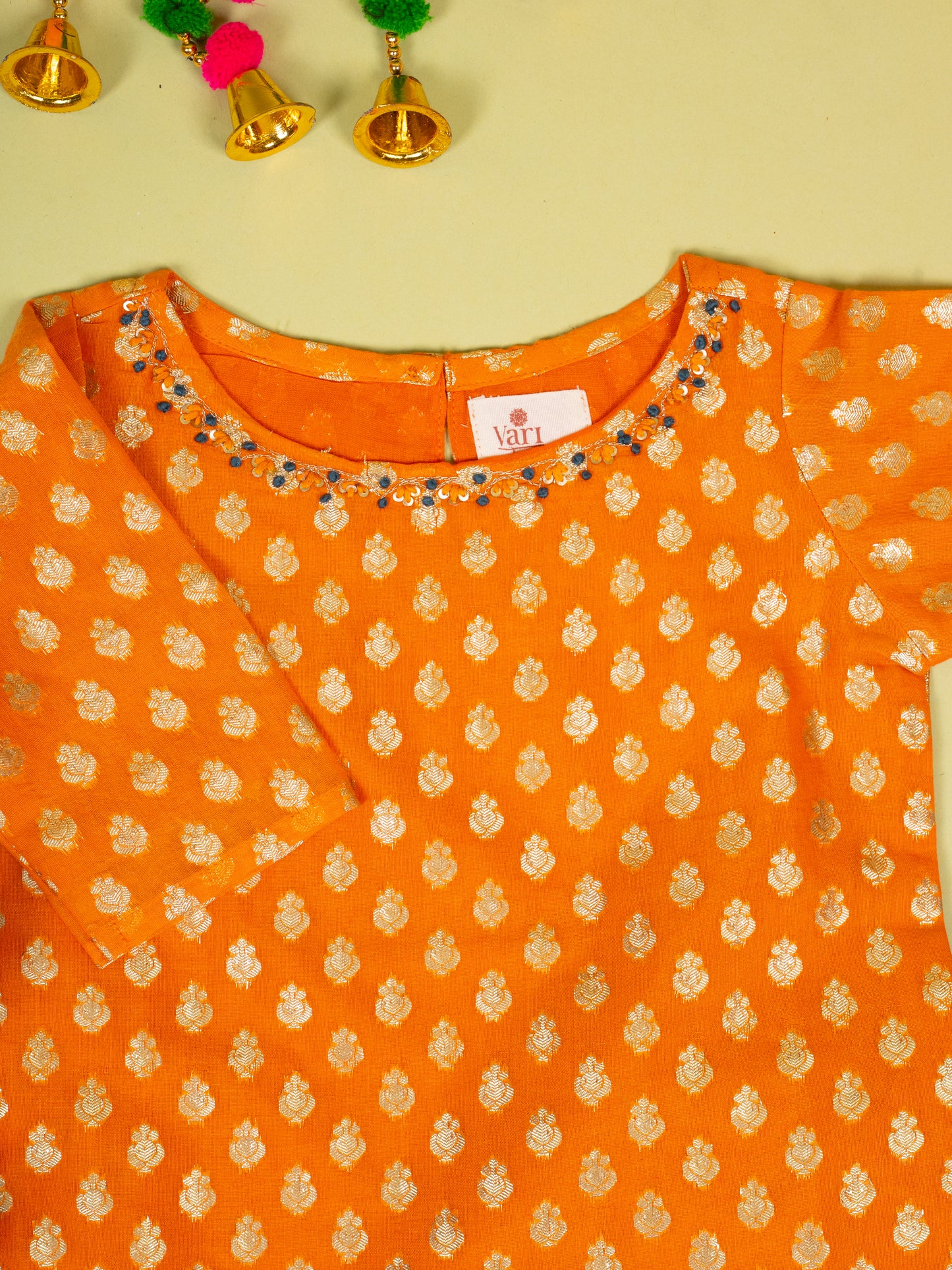 Orange Banarasi Chanderi Kurta Shrara Dupatta Set For Girls