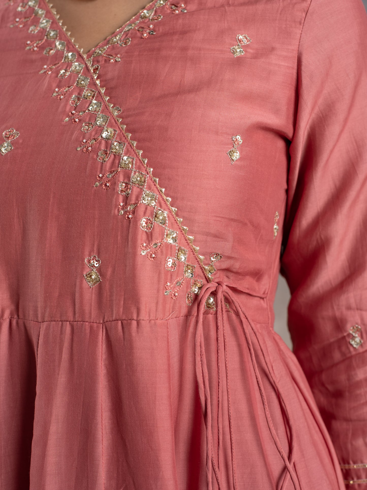 PEACH MUSLIN SILK ANGRAKHA NECK GOTA DORIYA DUPATTA FULL SET