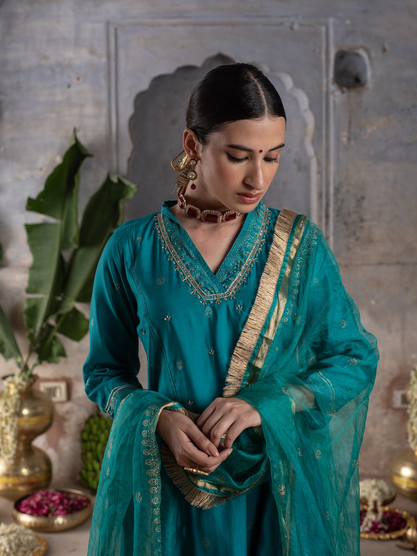Rama Green Chanderi V-Neck Complete Suit Set For Women's