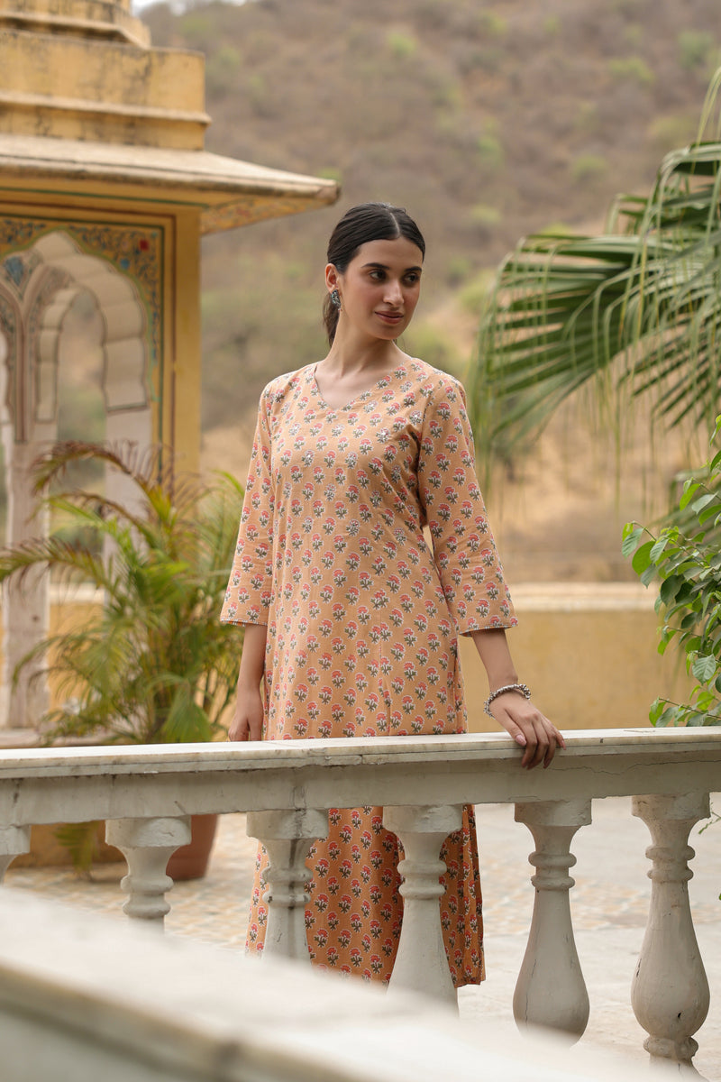 Yellow Cotton Printed Straight Kurta For Women's