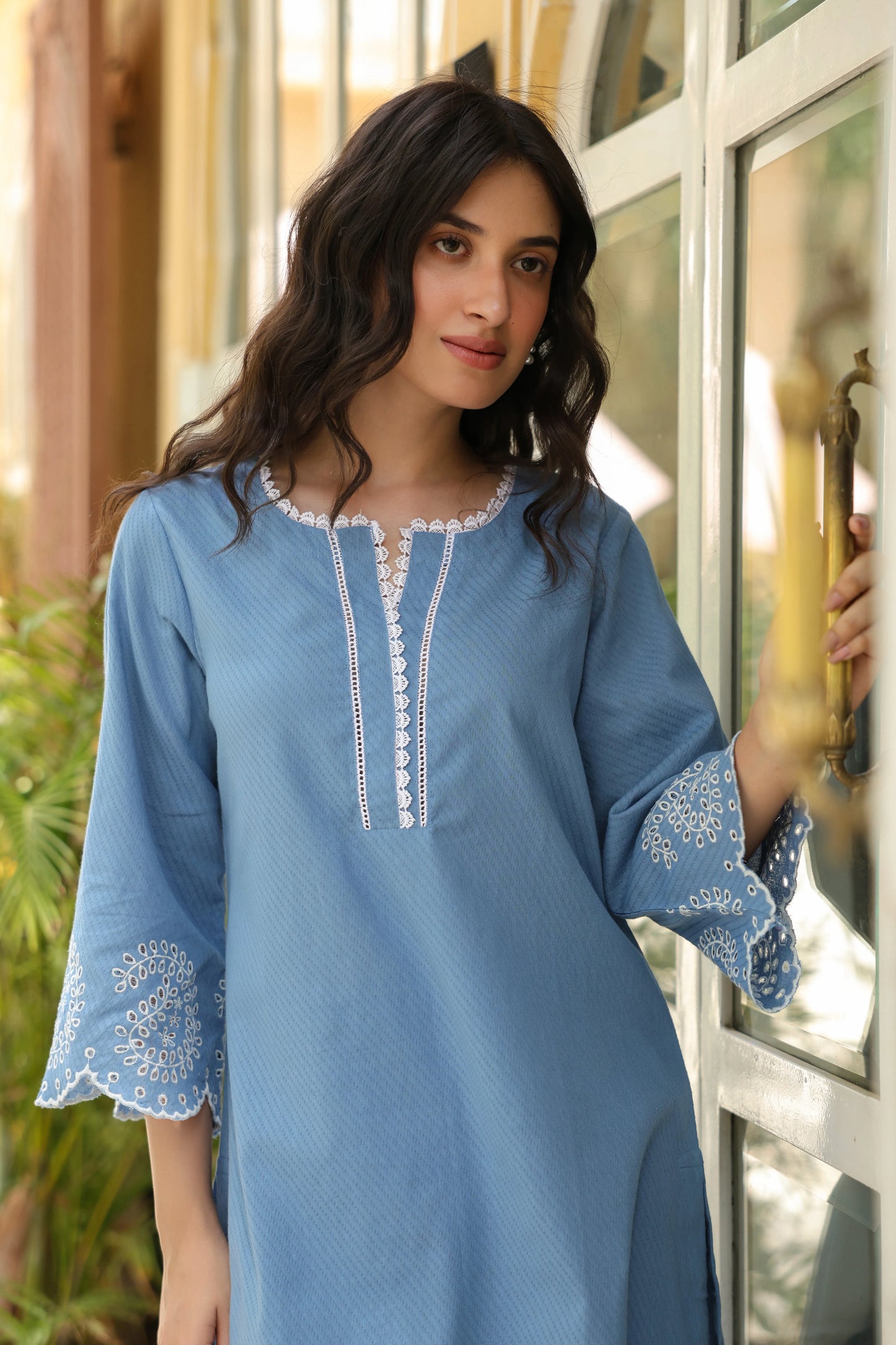 Powder Blue Cotton Dobby Kurta Pant Set For Women's