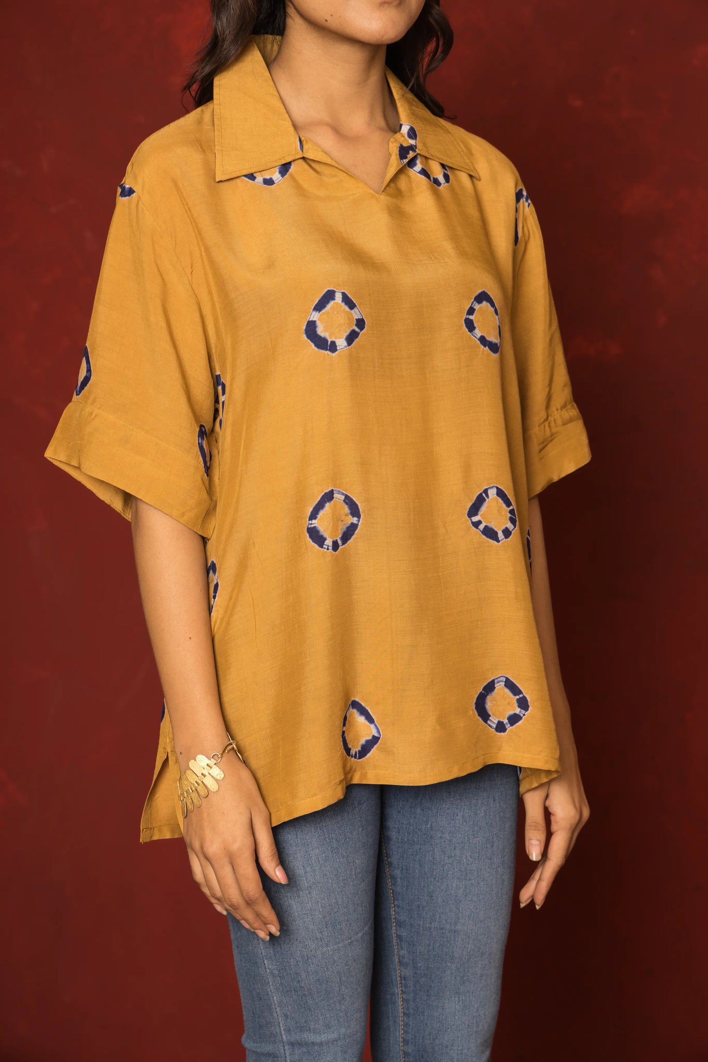 Brown Muslin Collar Short Top For Women's