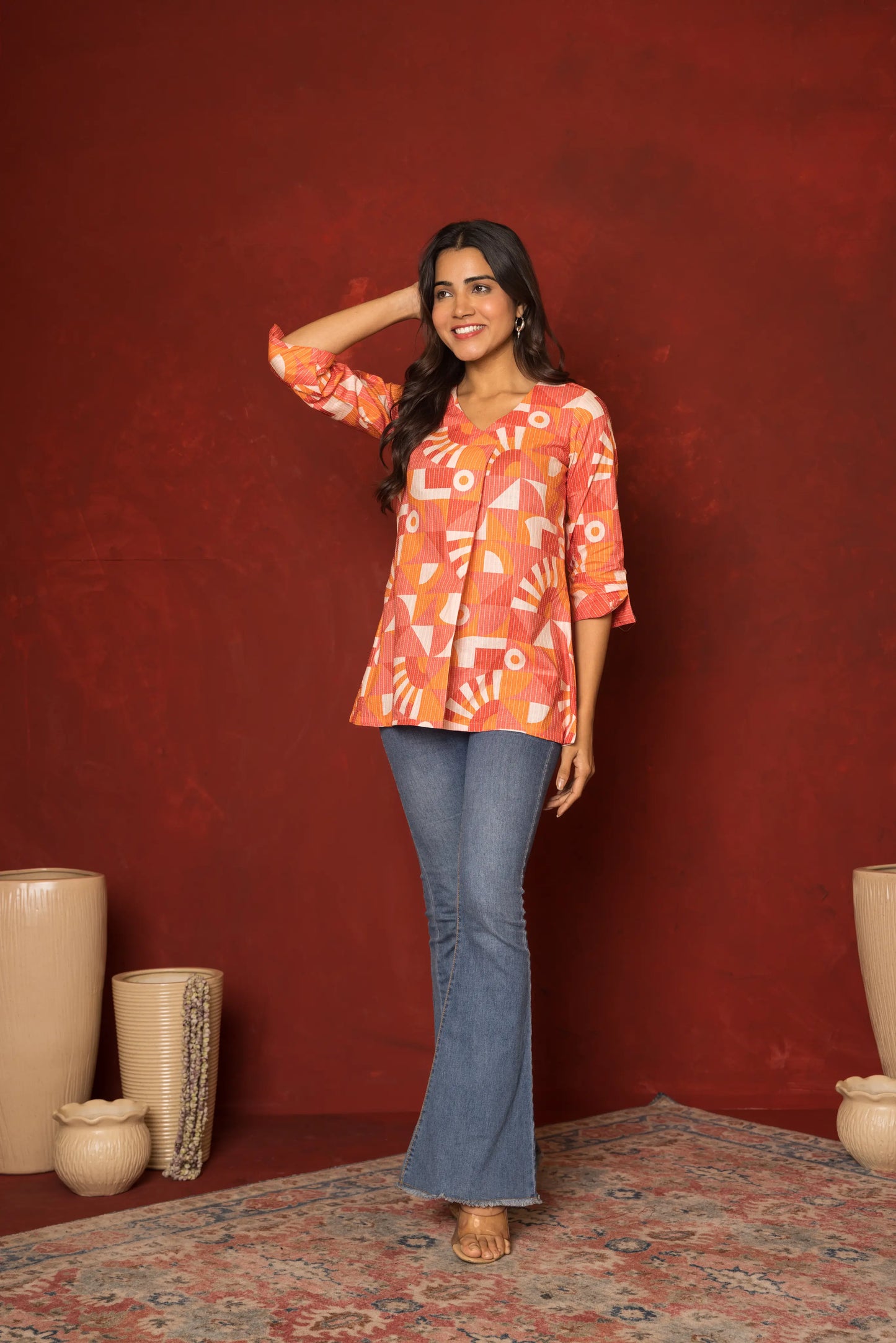 Orange Katha Dobby V-Neck Abstrack Short Top For Women's