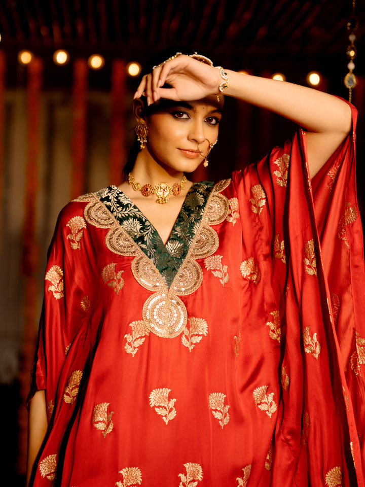 Red Cotton Silk V-Neck Kaftan For Women's