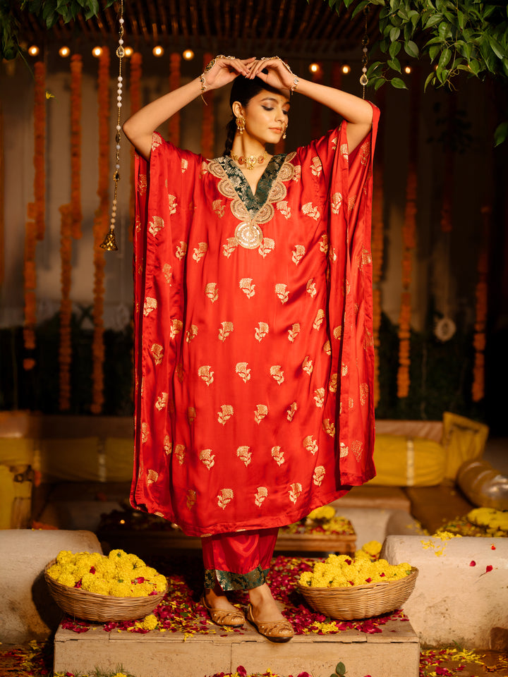 Red Cotton Silk V-Neck Kaftan For Women's