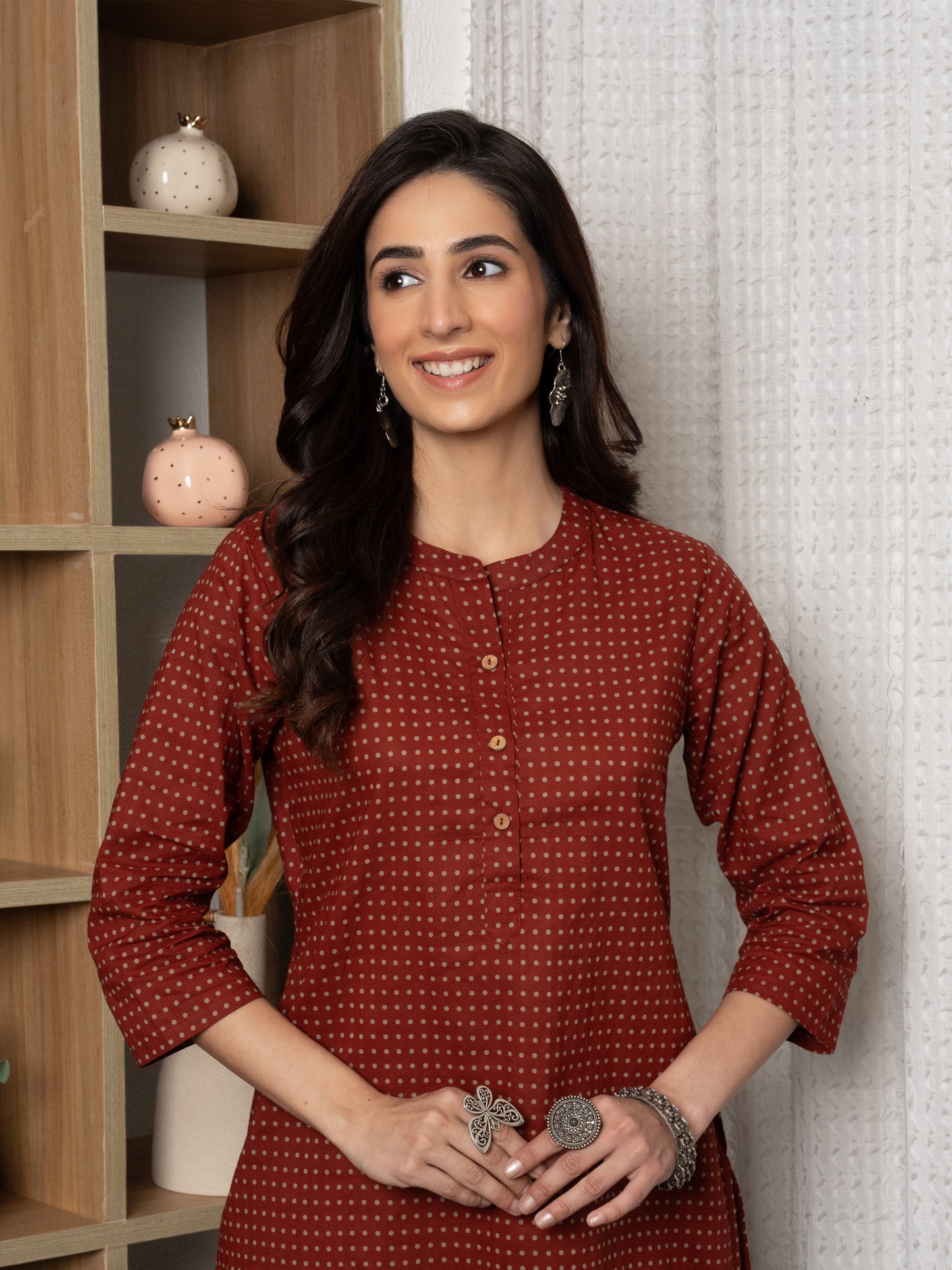 Rust -cotton-Round With Collar neck-printed-kurta-for-womens