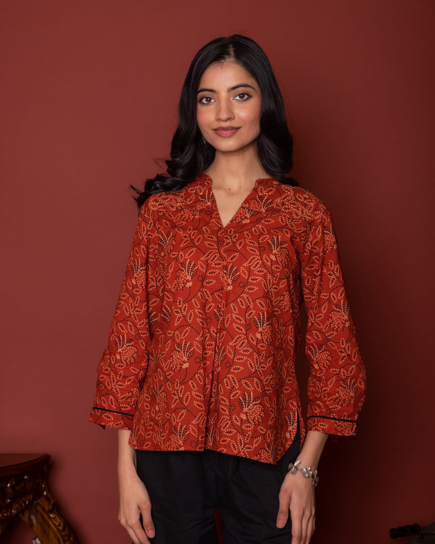 Rust Cotton Collar Bandhani Short Top For Women's