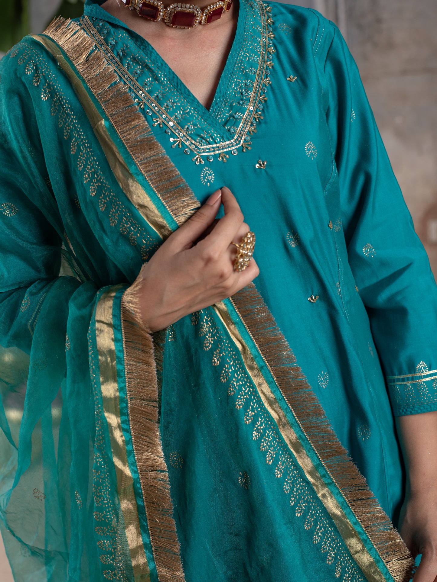 Rama Green Chanderi V-Neck Complete Suit Set For Women's