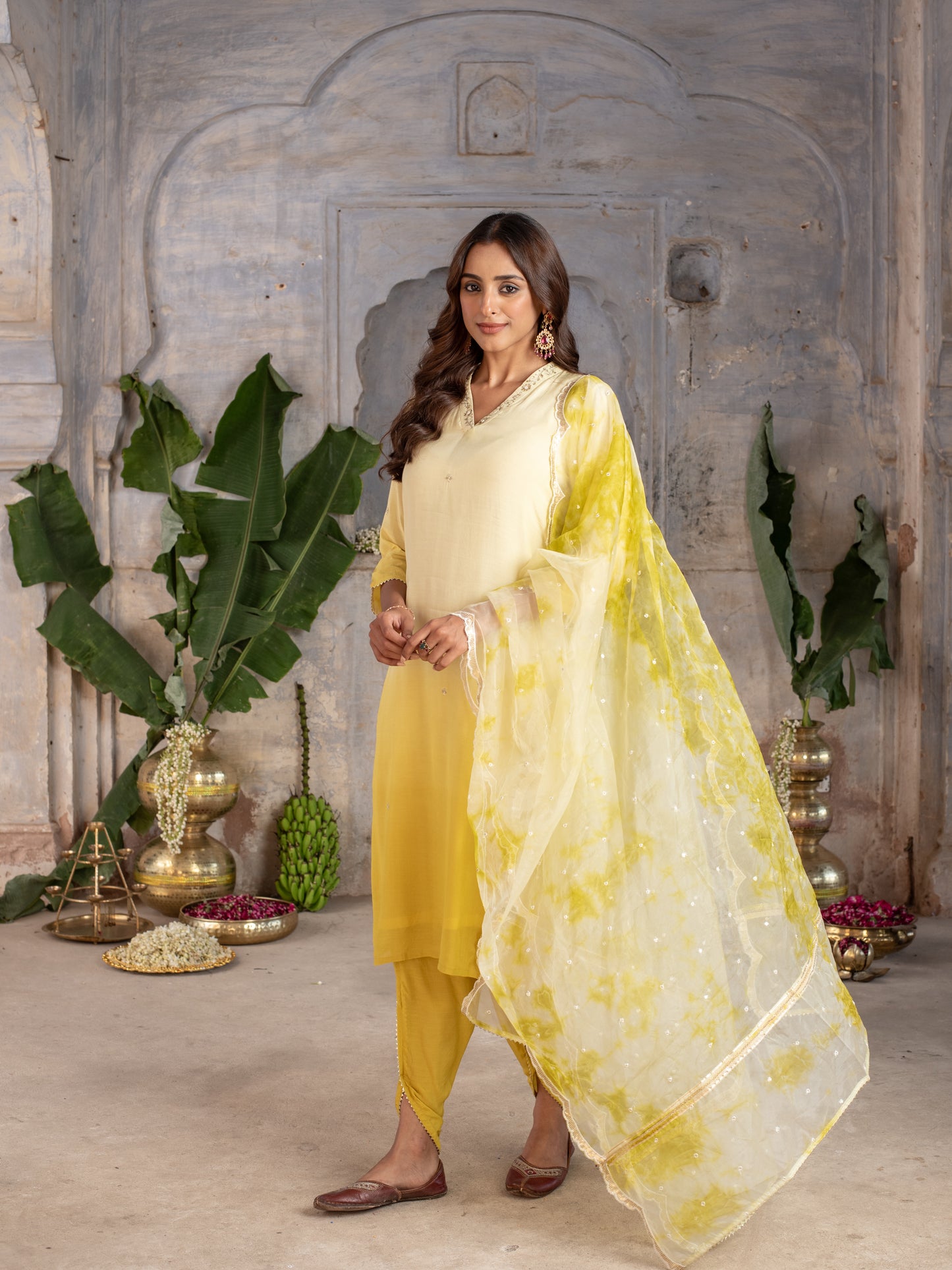 Shaded Yellow Ombre Dying Silk Complete Suit Set For Women's