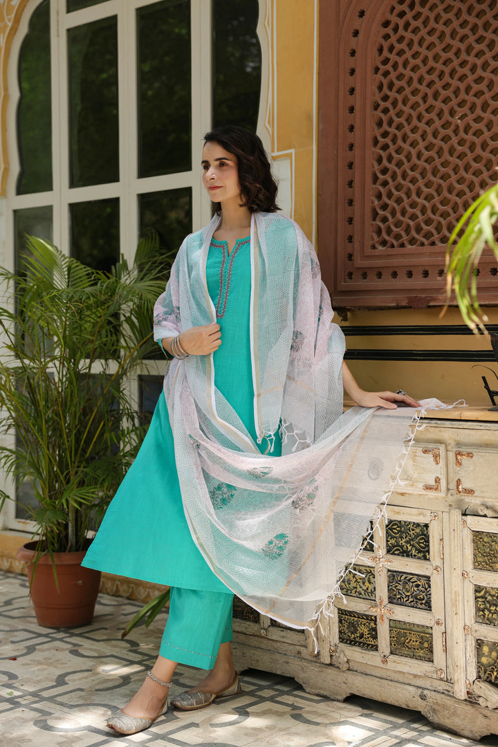 Rama Green Cotton Slub Complete Suit Set For Women's