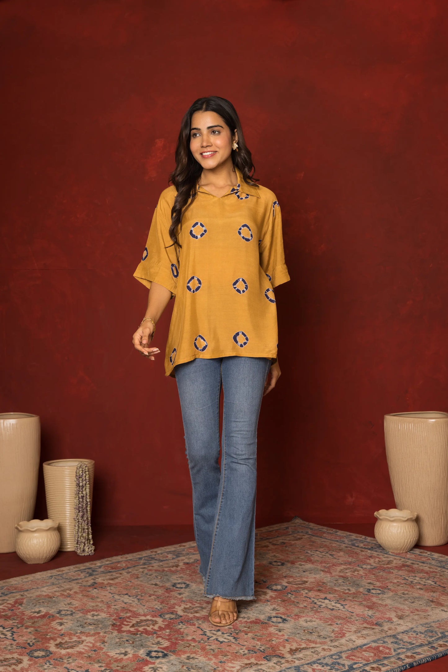Brown Muslin Collar Short Top For Women's