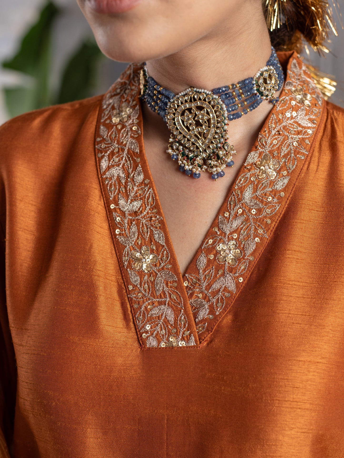 GOLD BROWN LINEN STIN HAND ZARI WORK WITH SEQUENCE ON NECKLINE WITH DUPATTA FULL SET