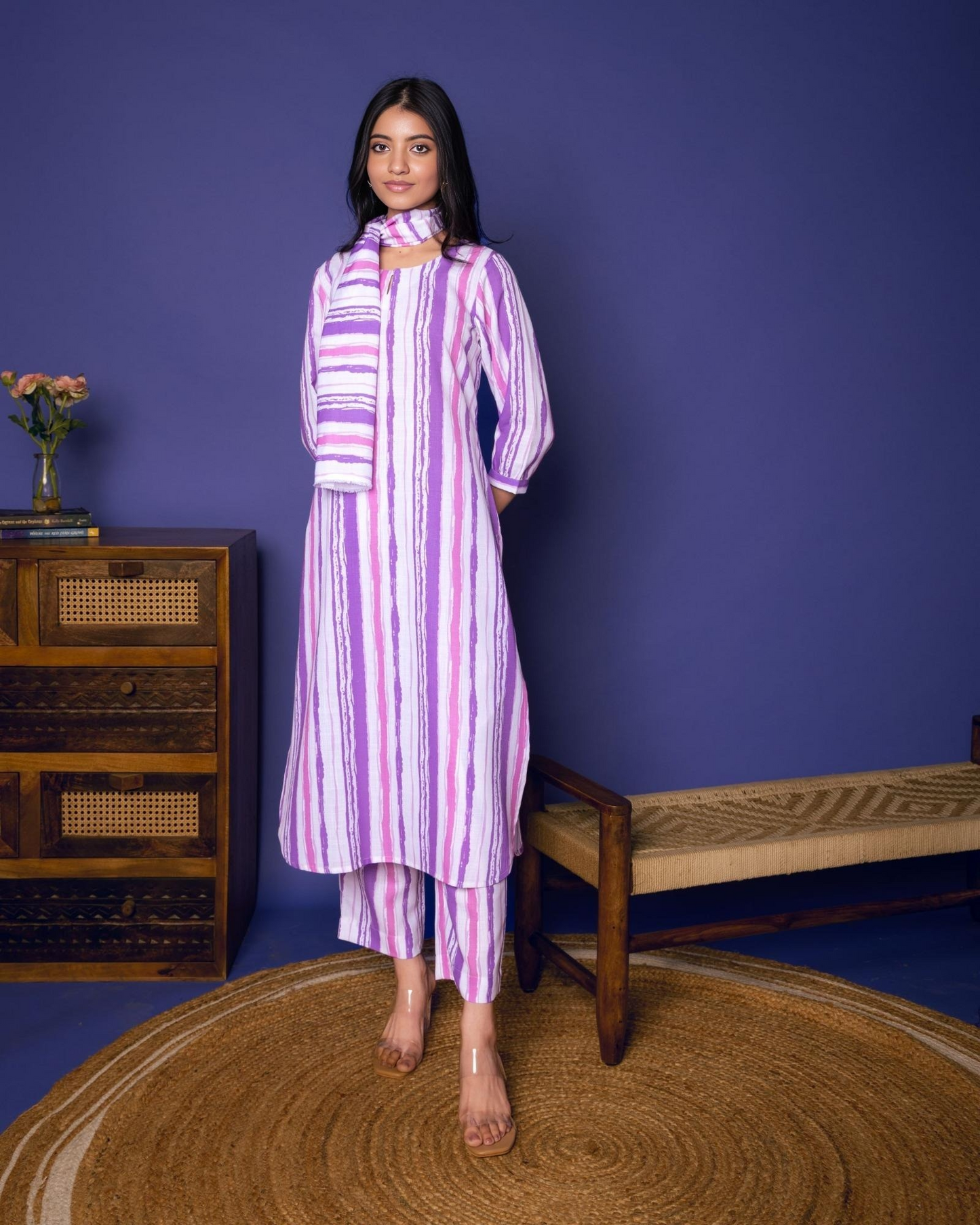 MULTICOLORED STRIPES LINEN BLEND ROUND NECK KURTA PANT SET