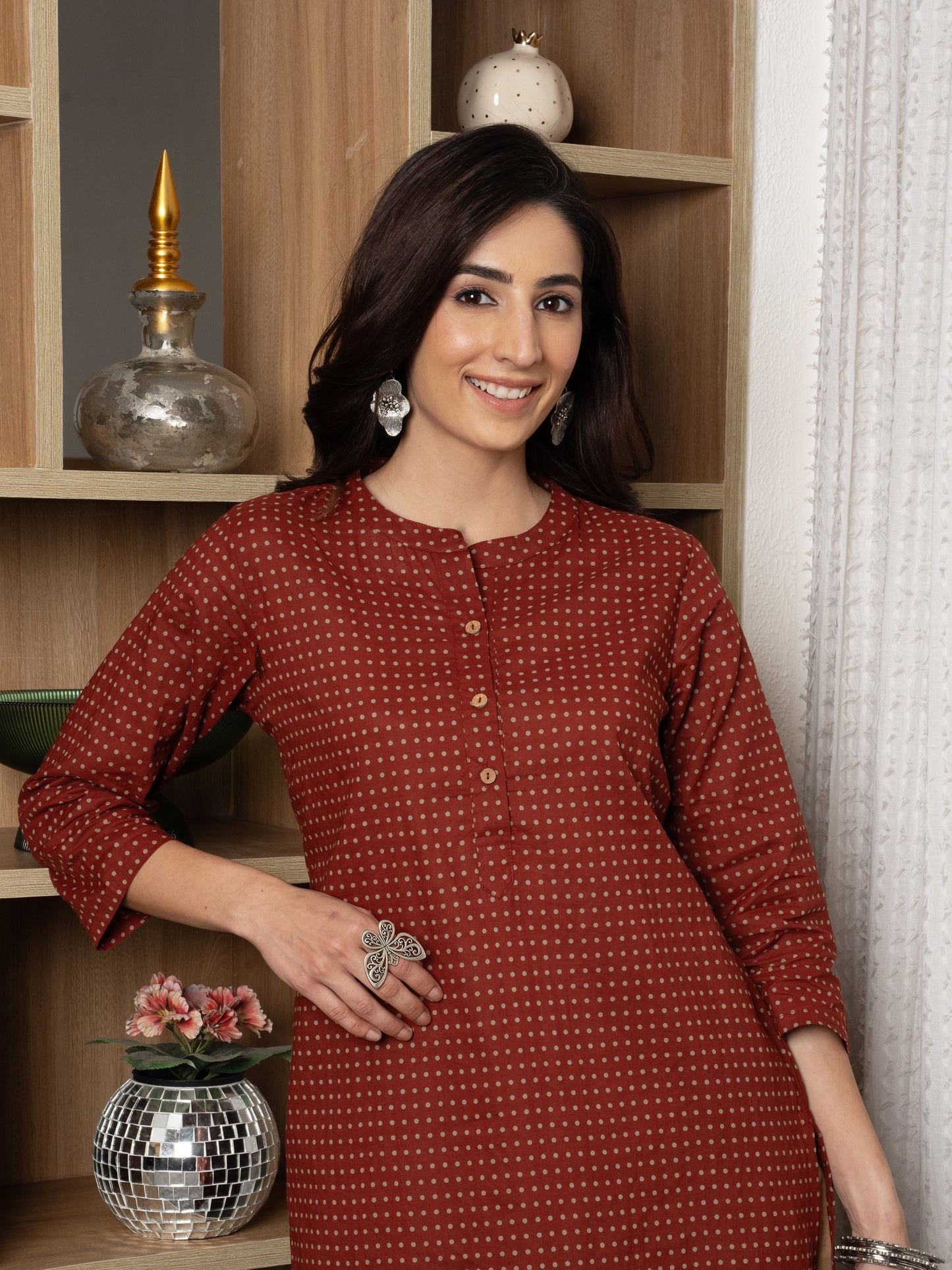 Rust -cotton-Round With Collar neck-printed-kurta-for-womens