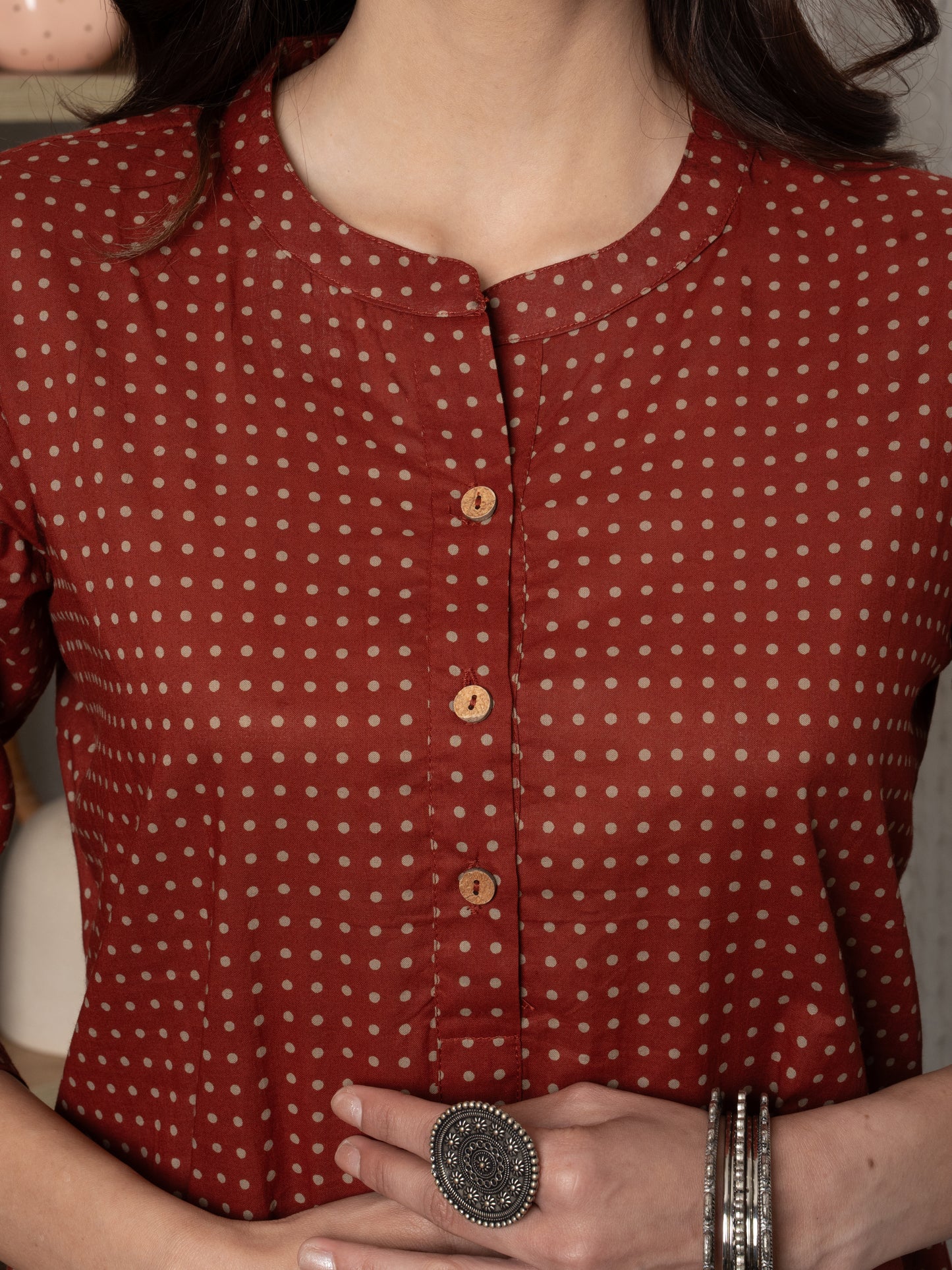 Rust -cotton-Round With Collar neck-printed-kurta-for-womens