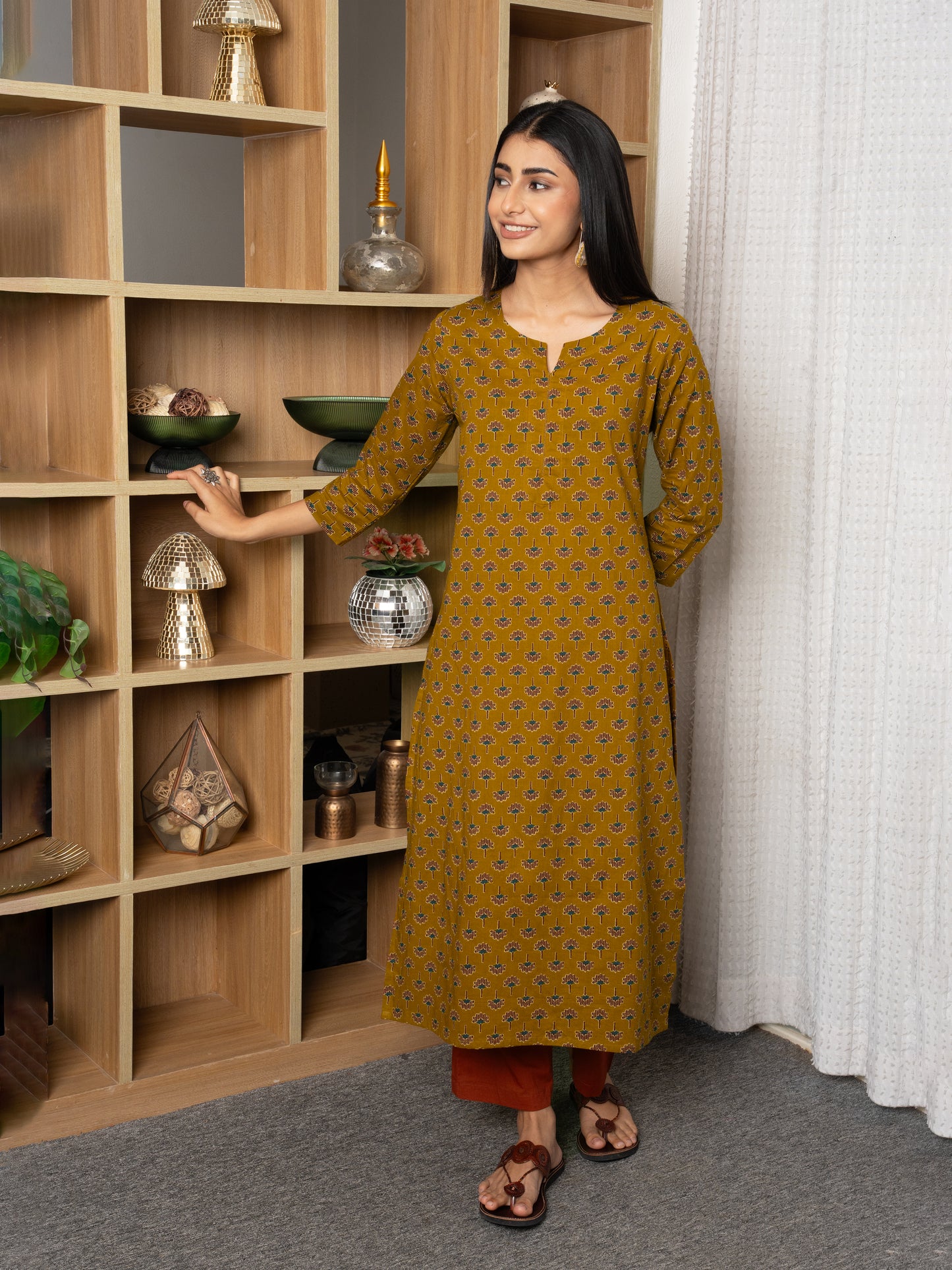 Musturd -cotton-Round With V- neck-printed-kurta-for-womens