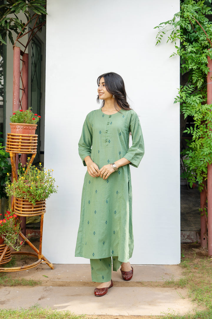 Sage Green Cotton Handloom Kurta Pant Set For Women's