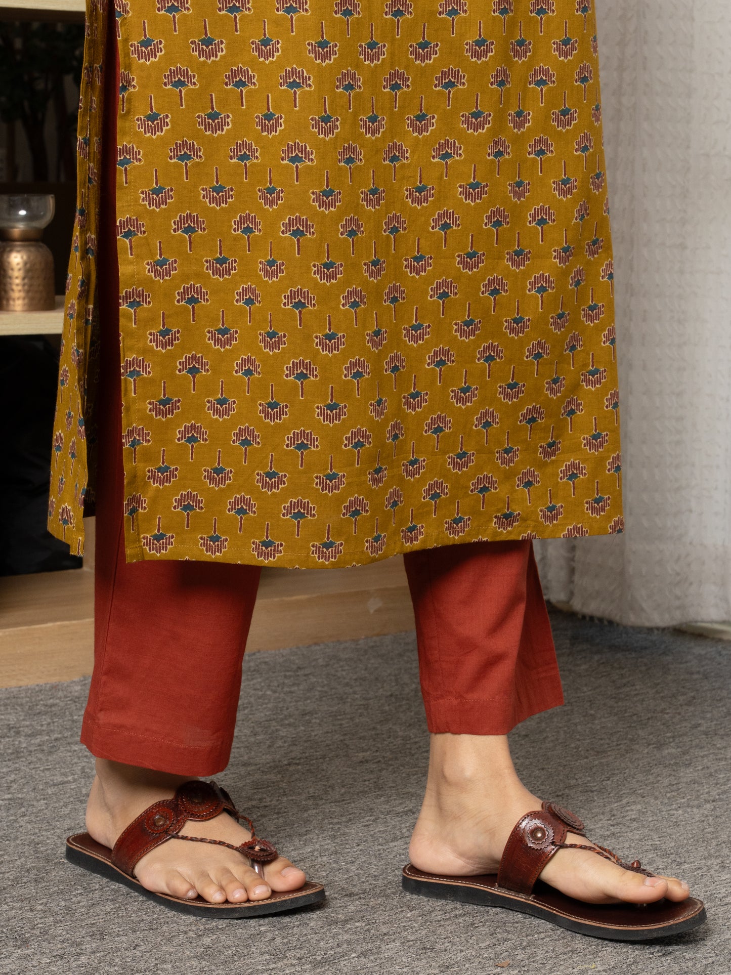 Musturd -cotton-Round With V- neck-printed-kurta-for-womens