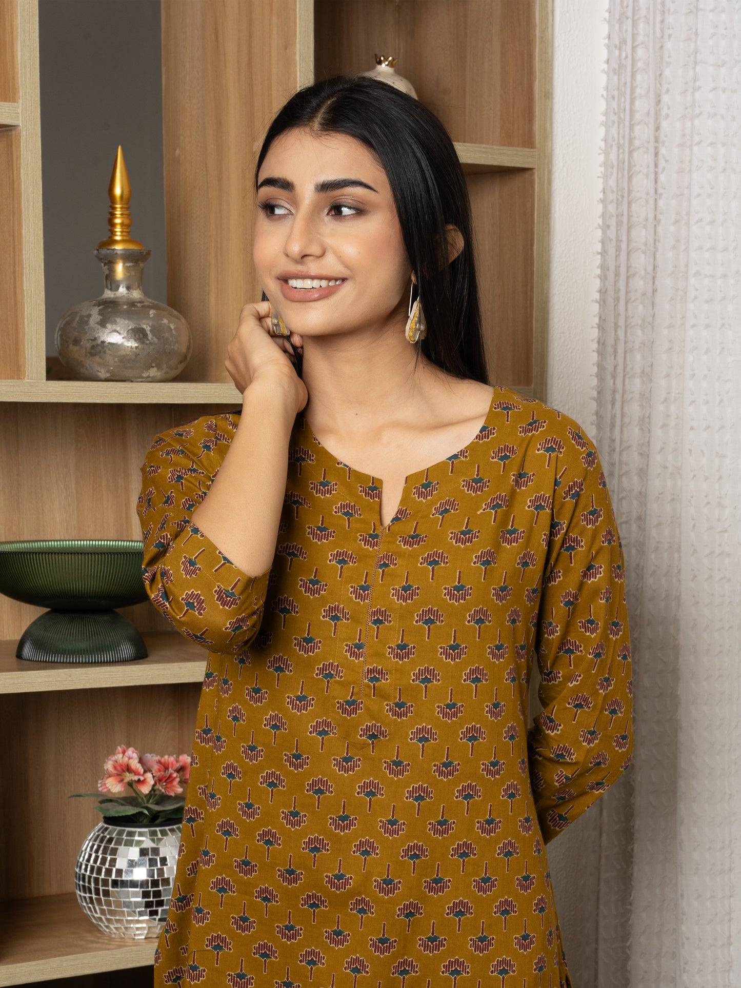 Musturd -cotton-Round With V- neck-printed-kurta-for-womens