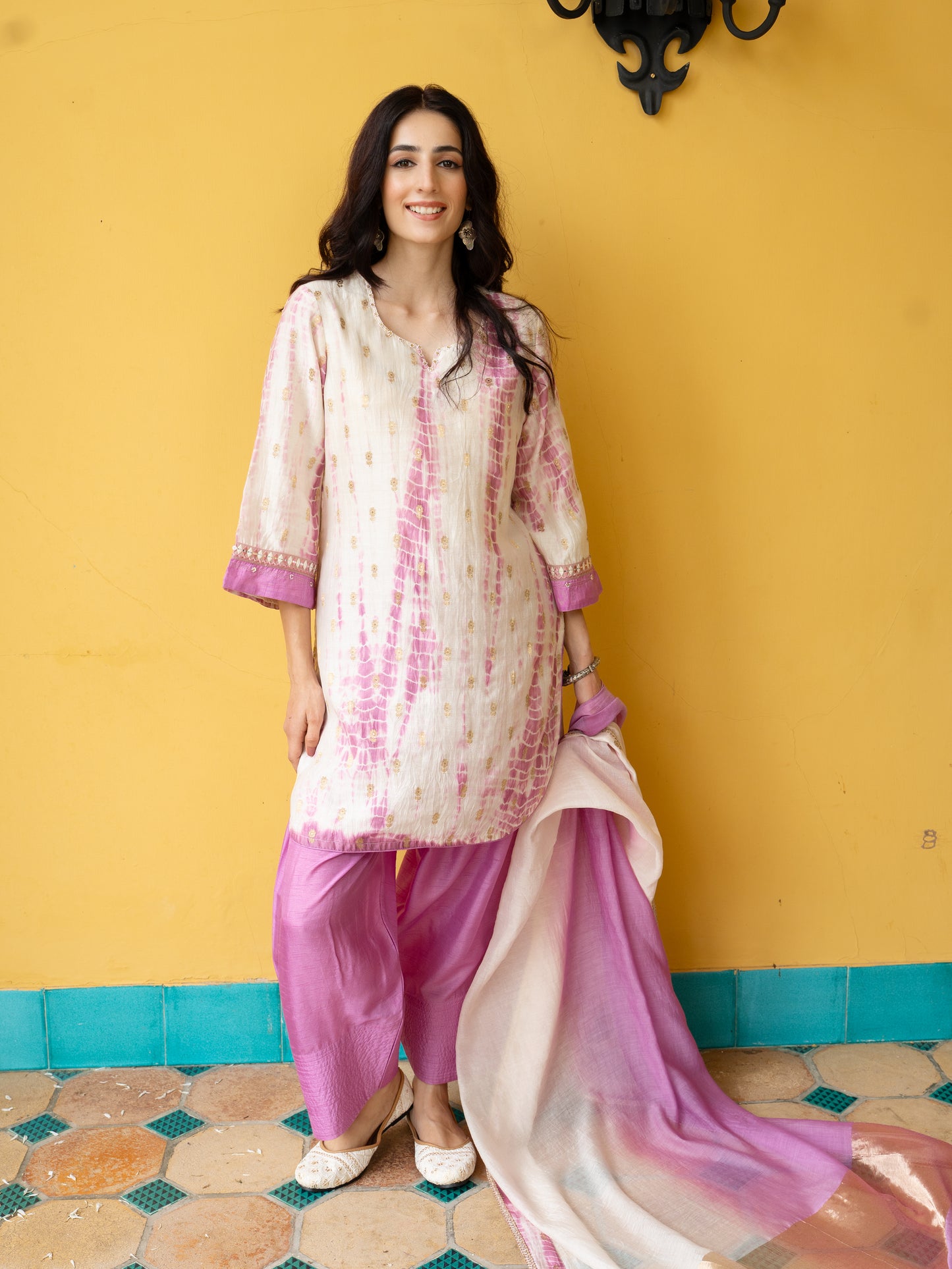 White & Pink Pure Banarasi Round Neck Complete Suit Set For Women's