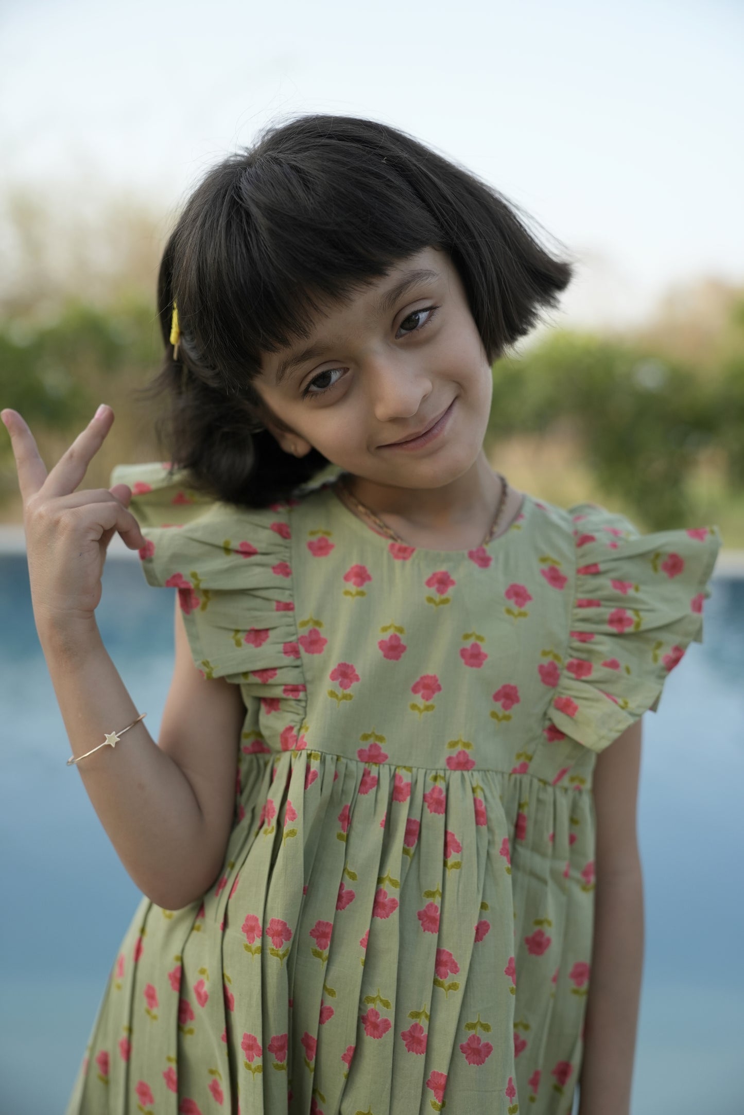 Green Cotton Printed Dress For Girls