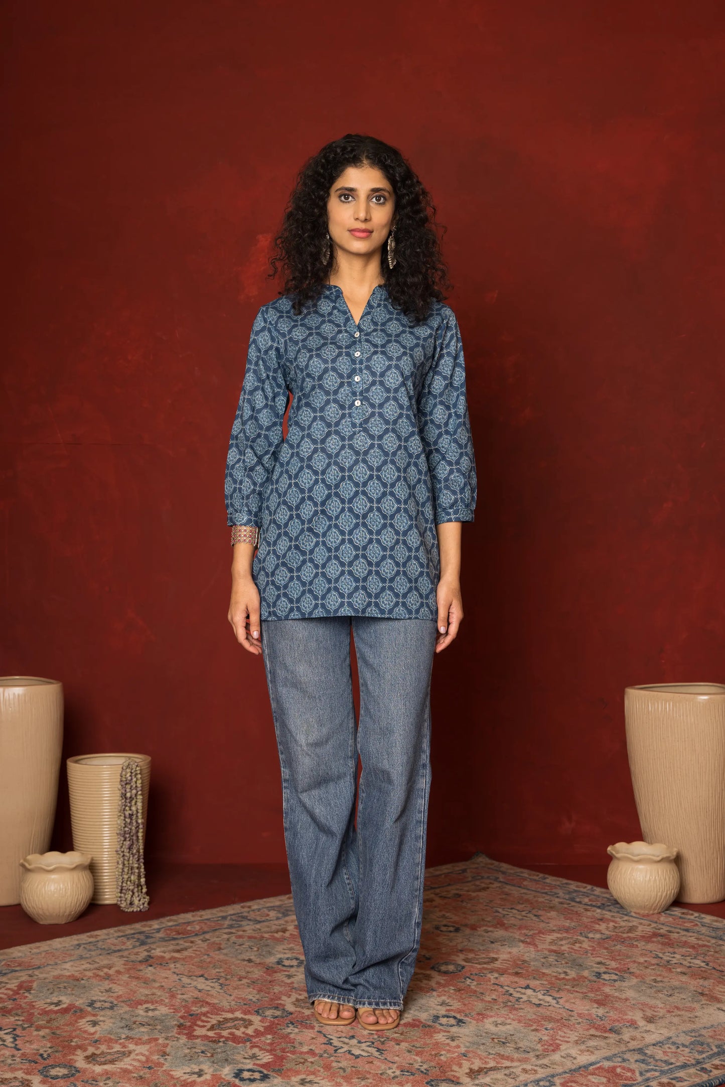 Indigo Cotton Collar Short Top For Women's