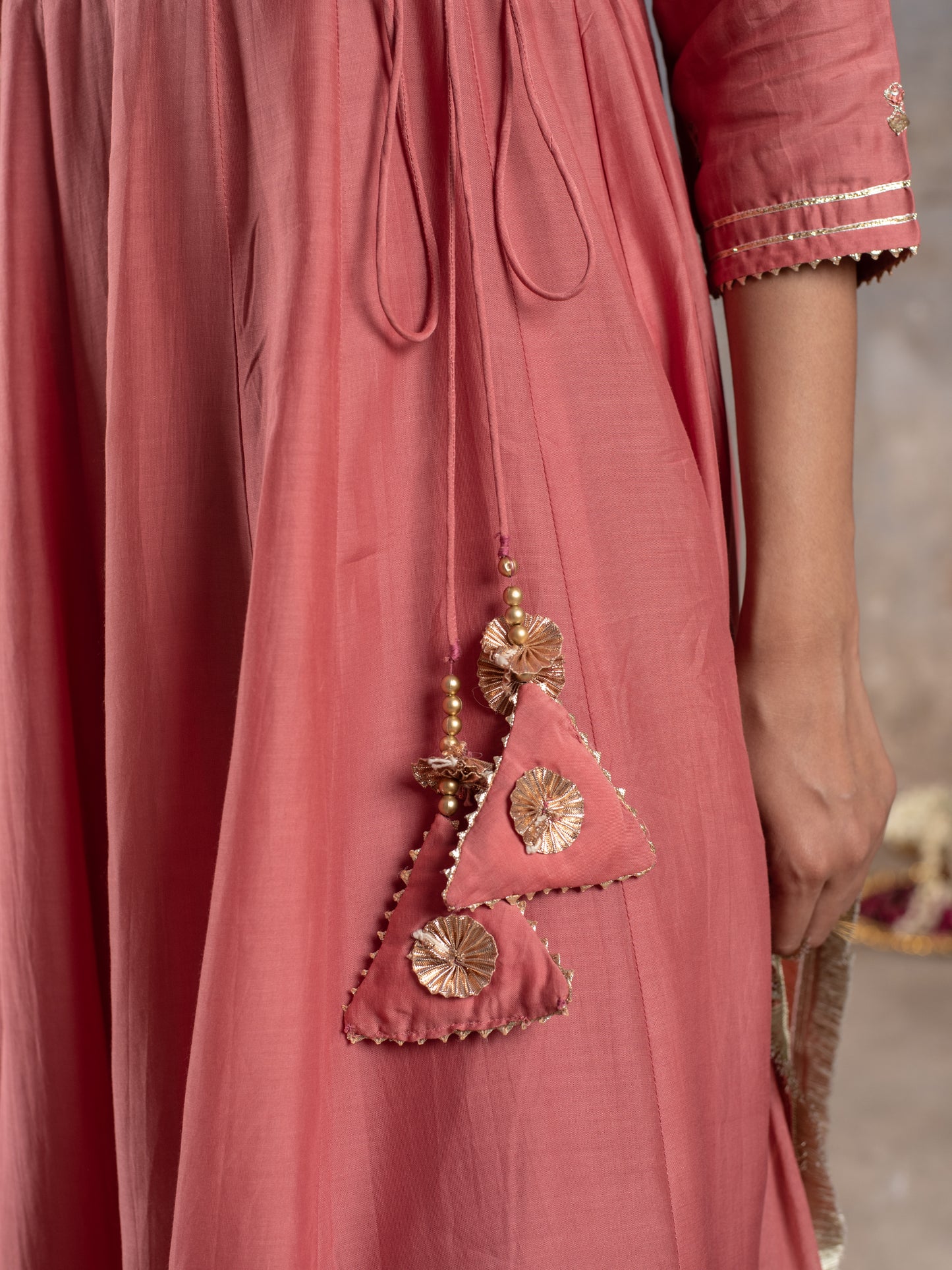 PEACH MUSLIN SILK ANGRAKHA NECK GOTA DORIYA DUPATTA FULL SET