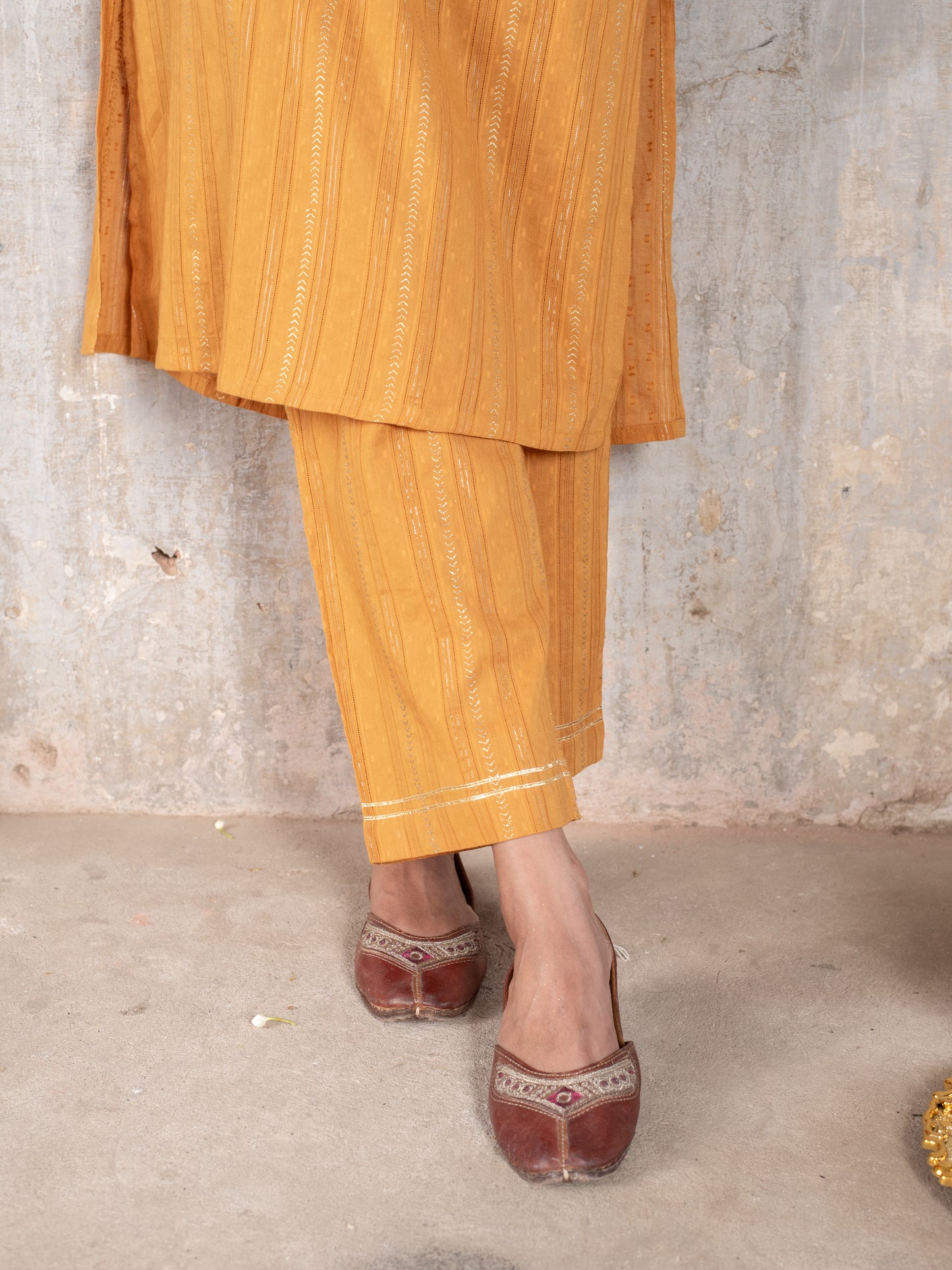 MUSTERD COTTON DOBBY V NECK BEADS WORK WITH GOTA KURTA PANT SET