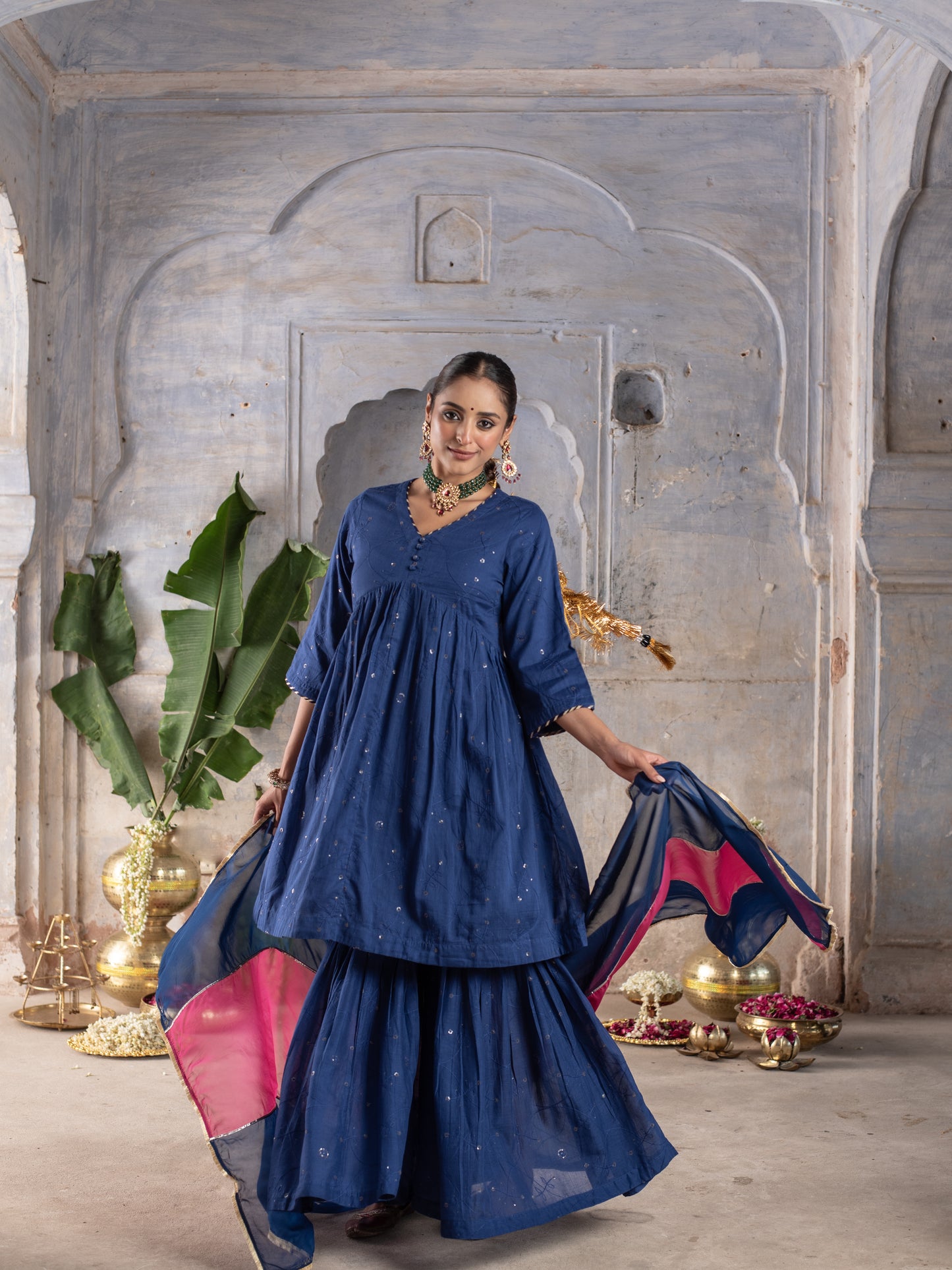 Royal Blue Cotton Complete Suit Set For Women's