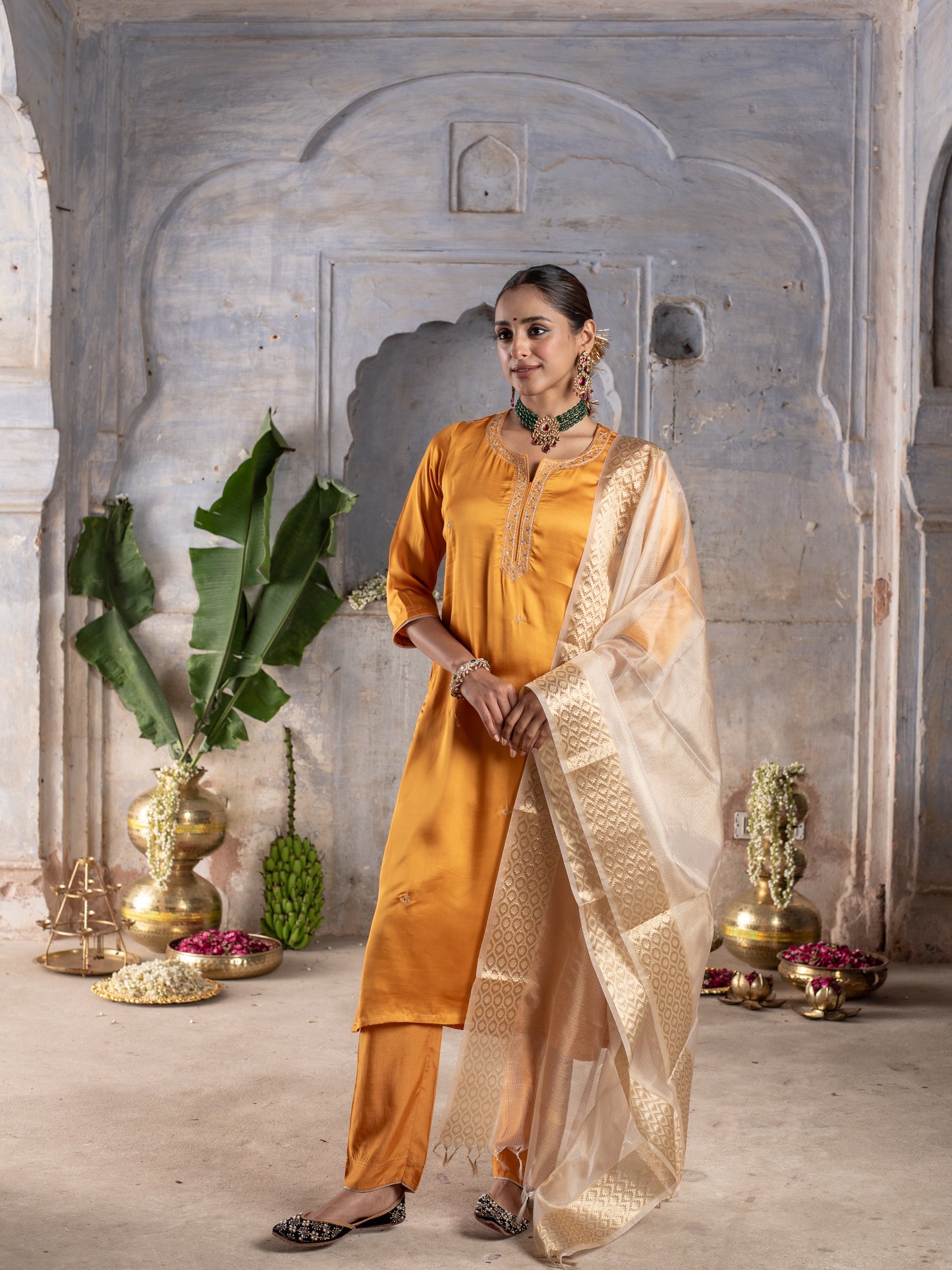 Golden Mustard Modal Silk Kurta Pant For Women's