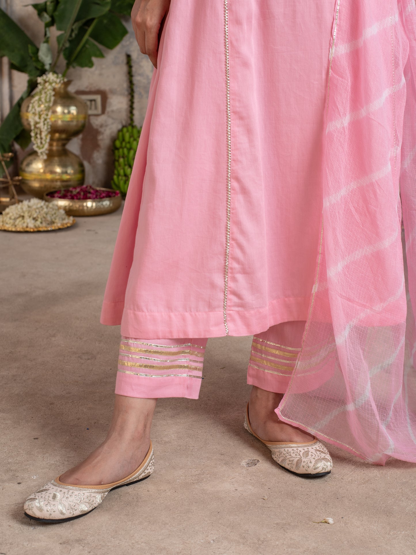 BABY PINK JAM COTTON ROUND NECK HAND DONE LEHERIYA DUPATTA FULL SET