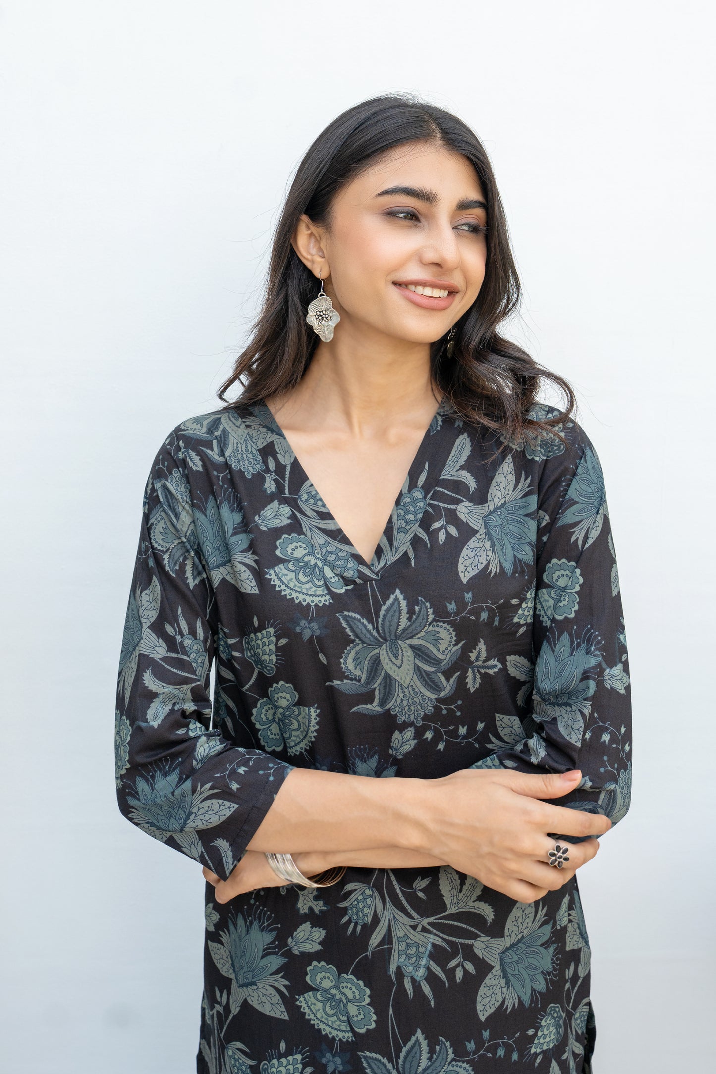 Black Cotton Floral Print Kurta For Women's