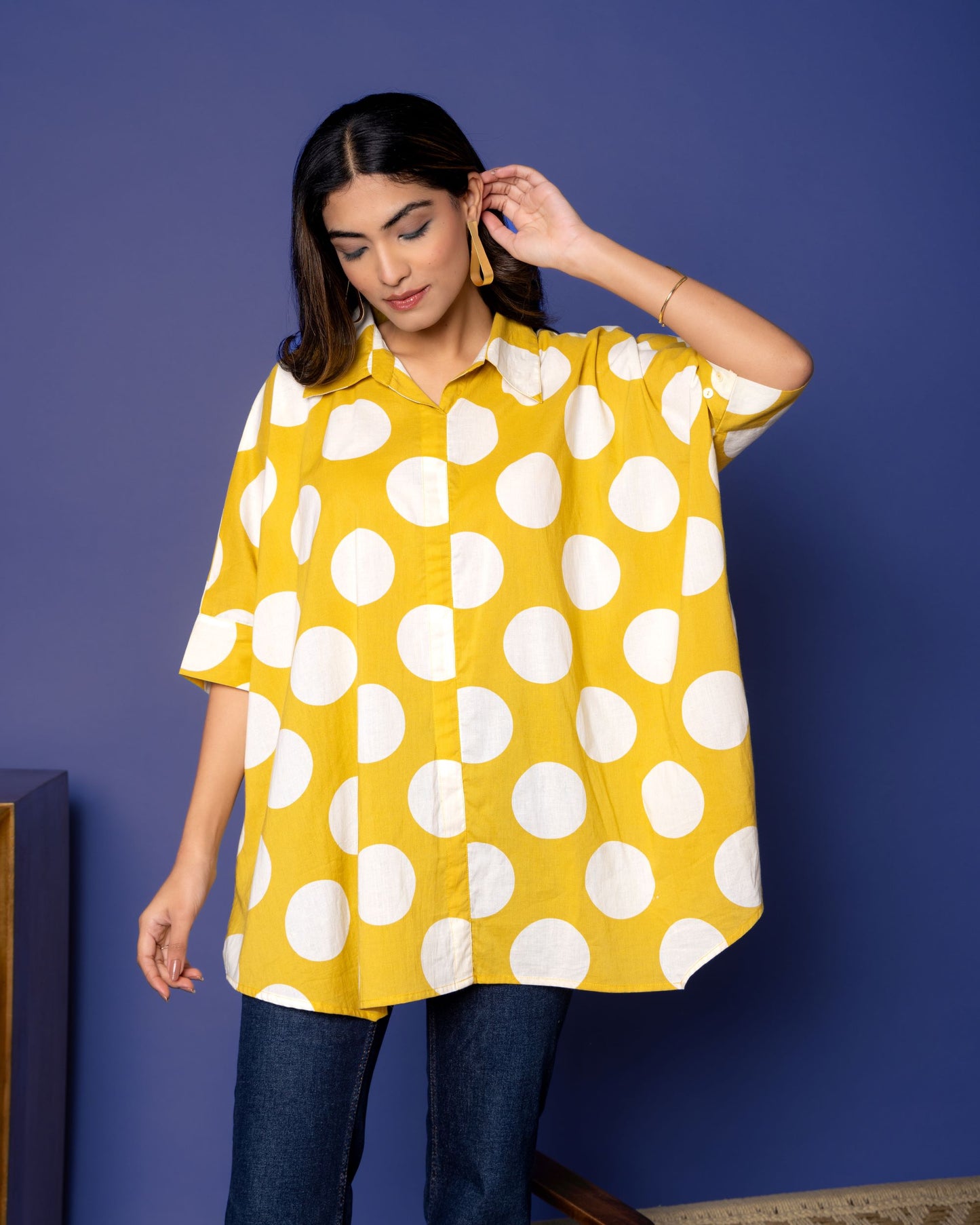 Yellow Cotton Collar Loose Shirt For Women's
