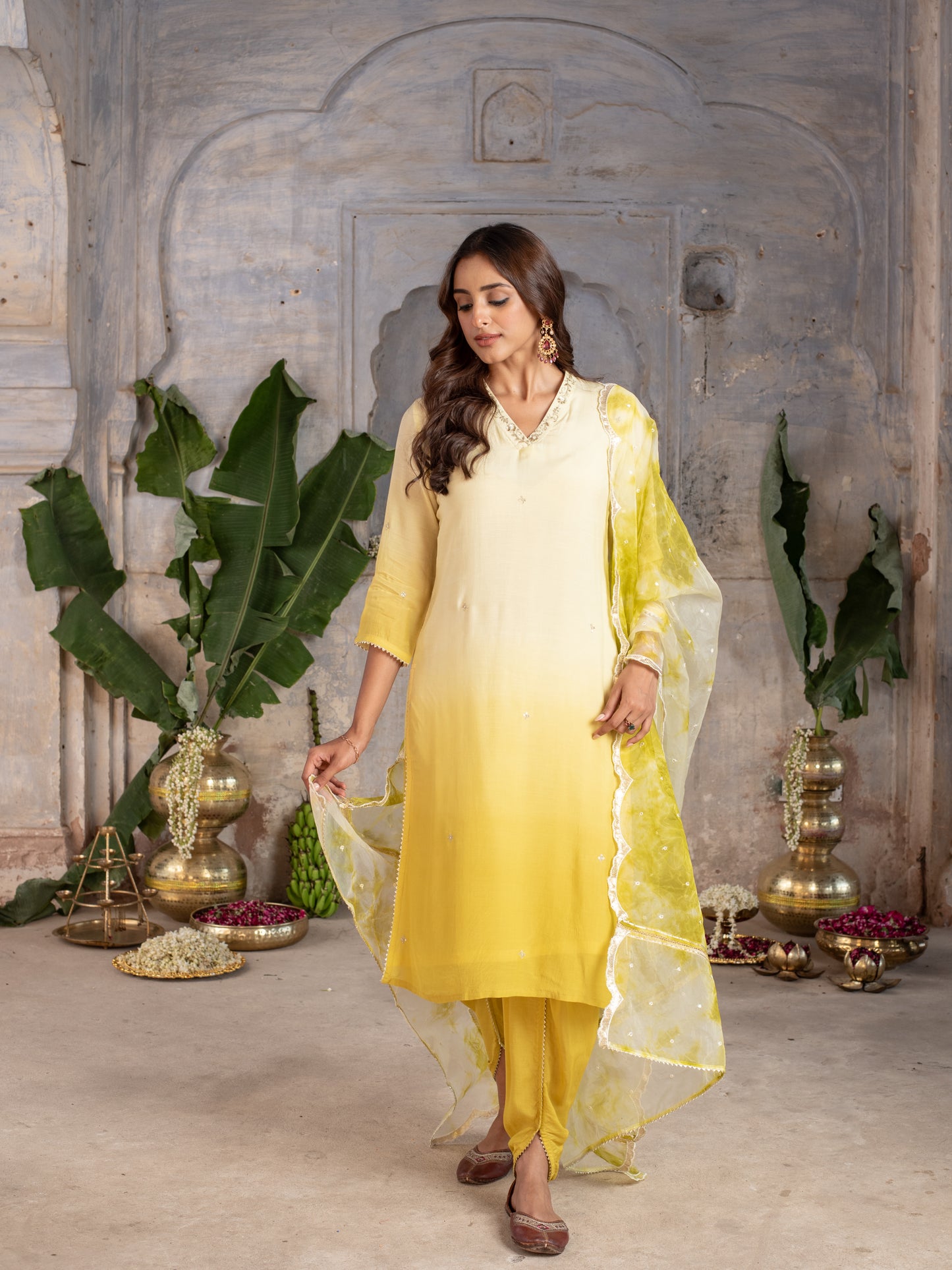 Shaded Yellow Ombre Dying Silk Complete Suit Set For Women's