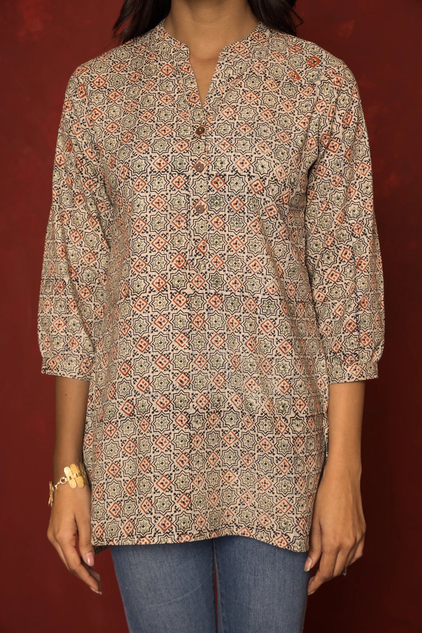 Multicoloured Cotton Collar Handblock Short Top For Women's