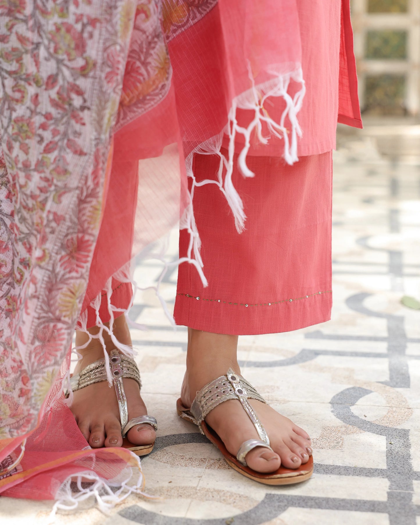 PEACH KURTA PALAZZO-COTTON SLUB WITH KOTA DORIYA DUPATTA