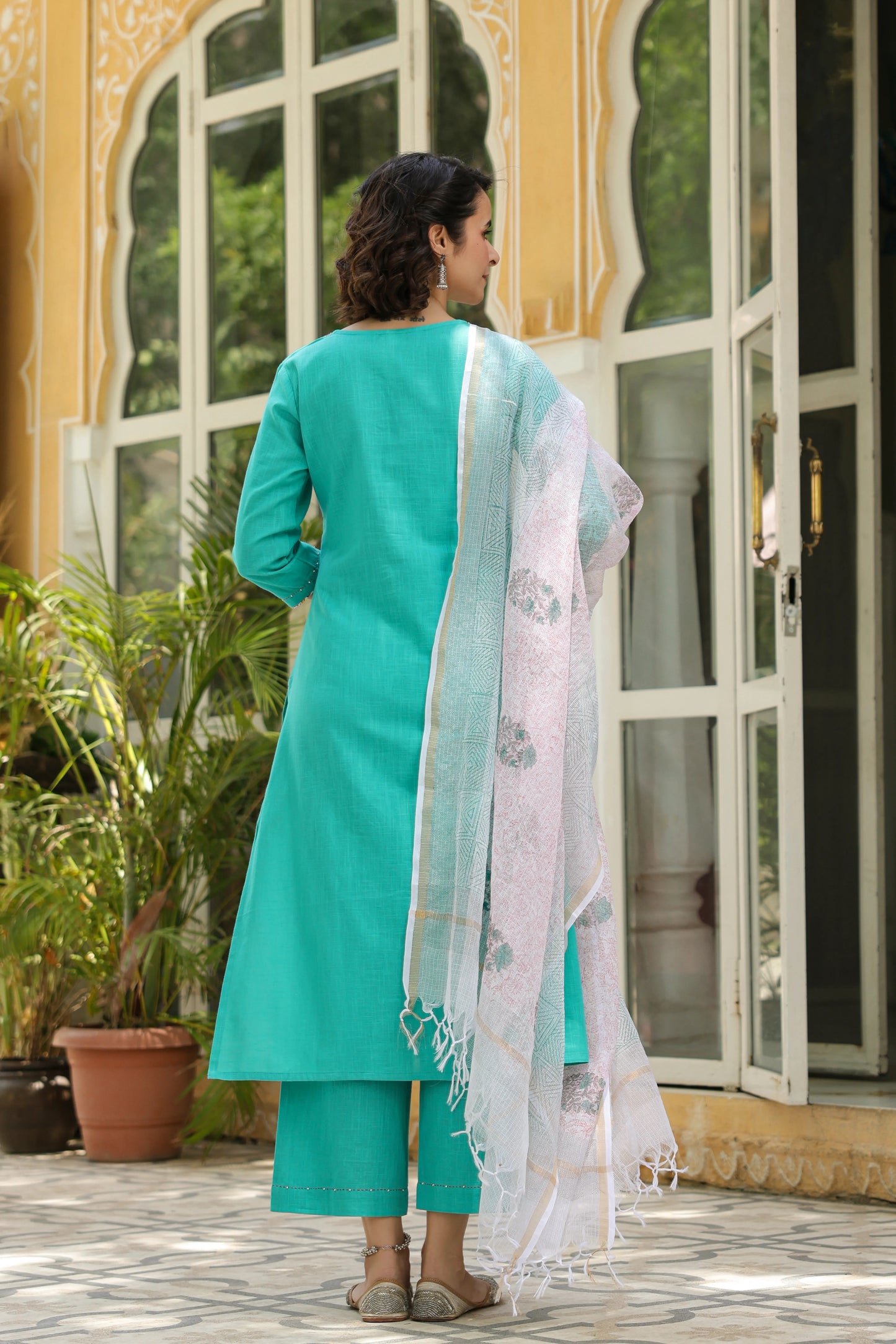 Rama Green Cotton Slub Complete Suit Set For Women's