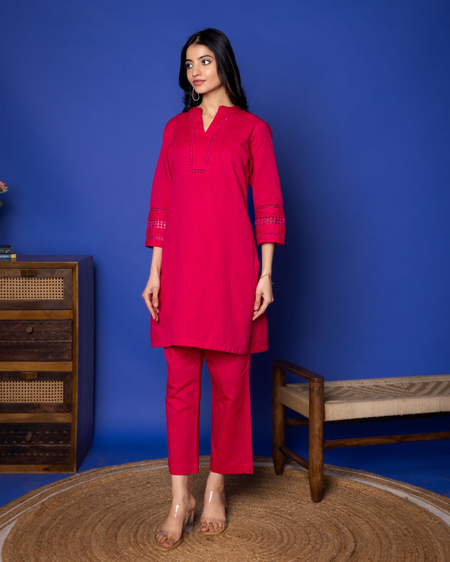 PINK LINEN COLLAR NECK ALL OVER HIGHLIGHTED WITH LACES KURTA PANT SET