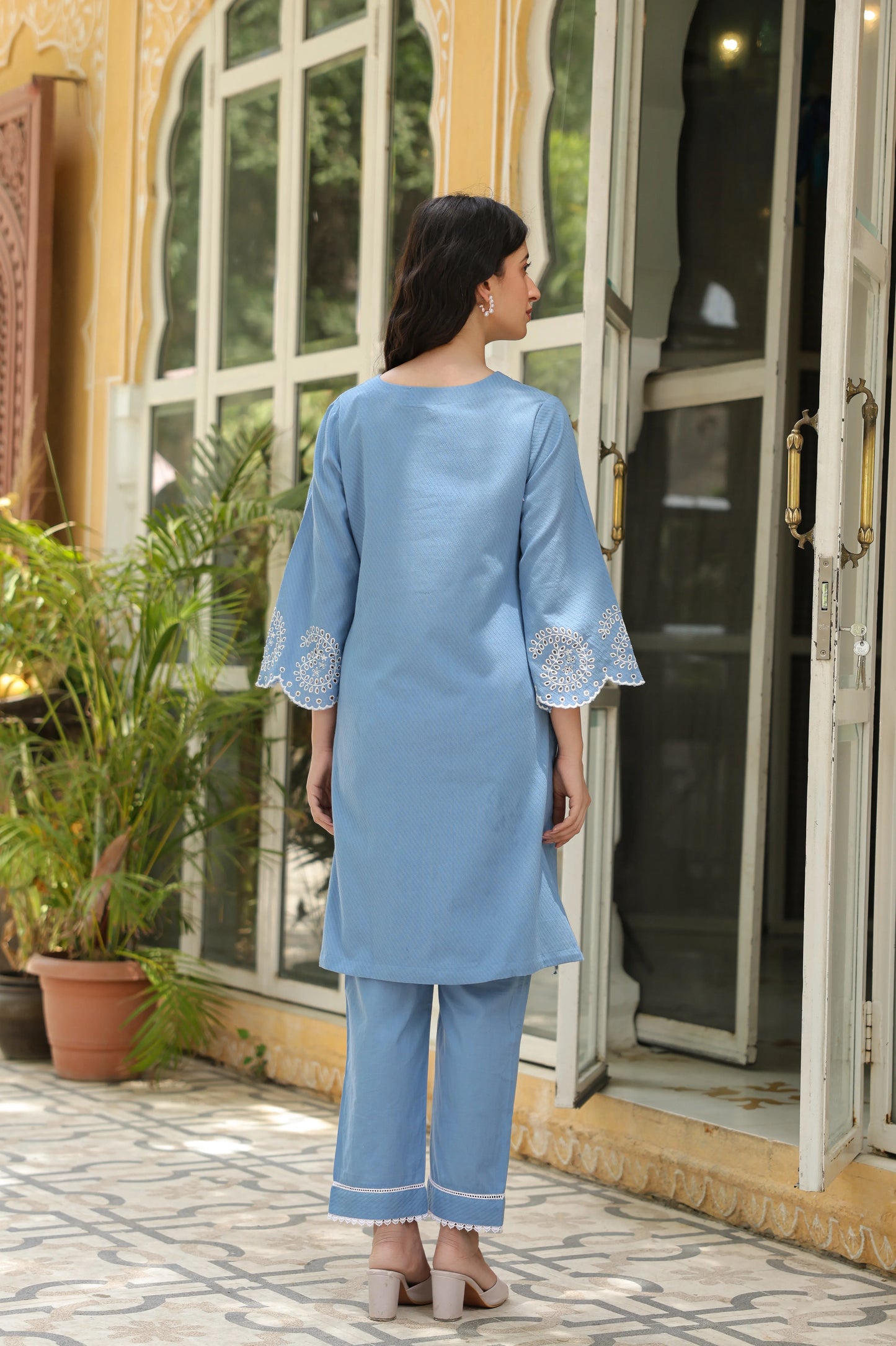 Powder Blue Cotton Dobby Kurta Pant Set For Women's