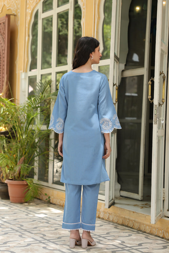 Powder Blue Cotton Dobby Kurta Pant Set For Women's