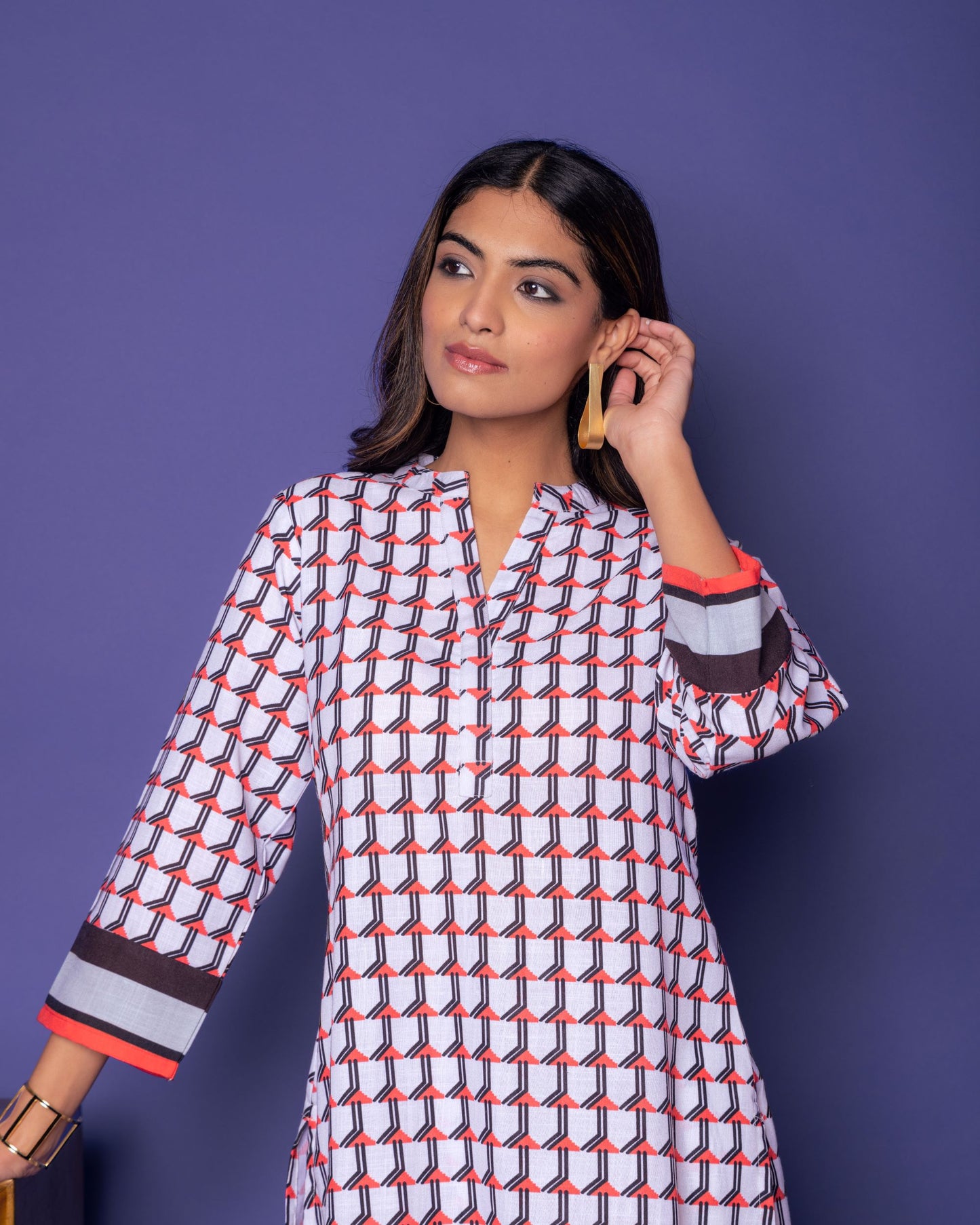 Multicolored Linen Blend Collar Abstract Print Co-Ord Set For Women's