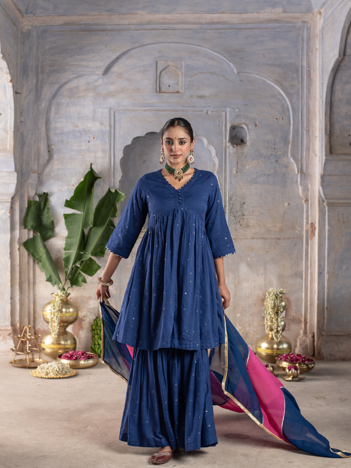 Royal Blue Cotton Complete Suit Set For Women's